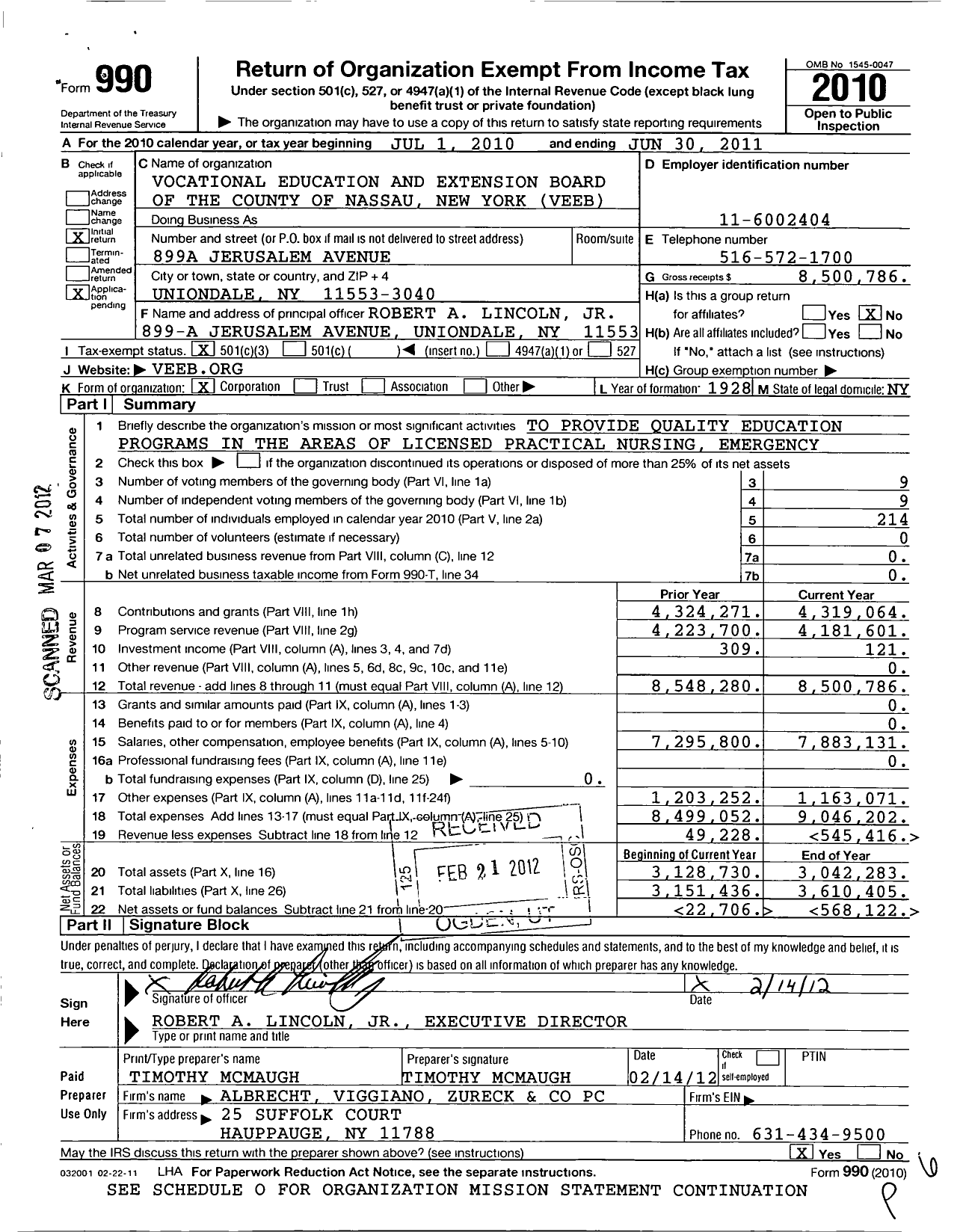 Image of first page of 2010 Form 990 for Vocational Education and Extension Board of the County of Nassau New York Veeb