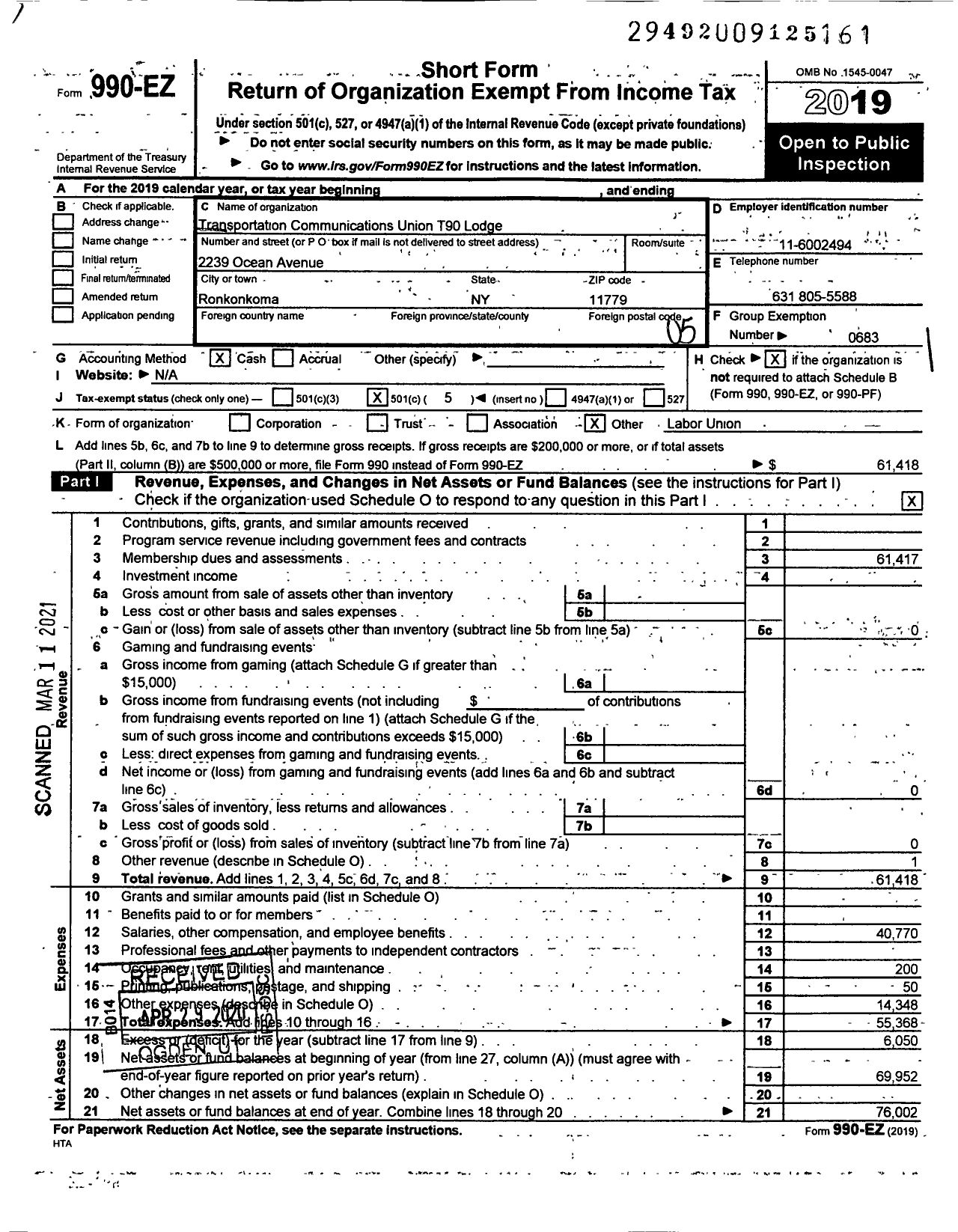 Image of first page of 2019 Form 990EO for TRANSPORTATION-COMMUNICATIONS UNION / T90 Lodge