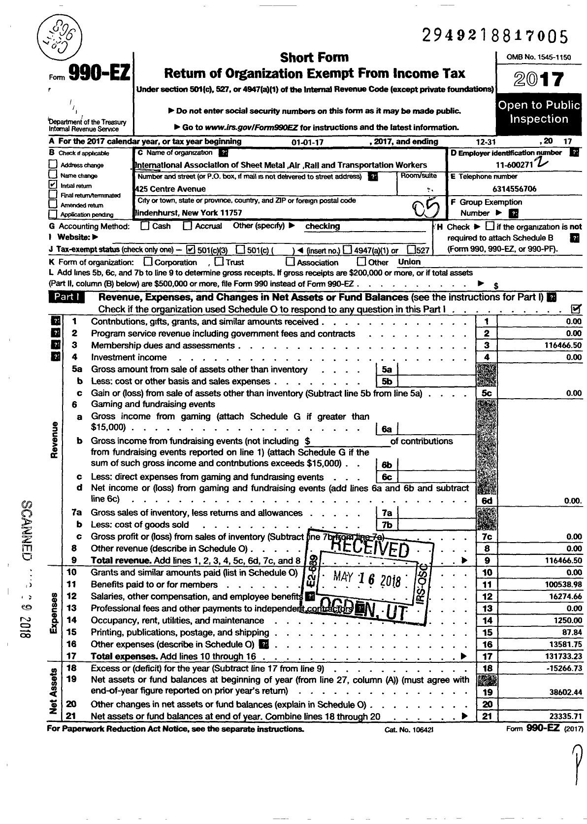 Image of first page of 2017 Form 990EO for Smart Union - 1831 TD