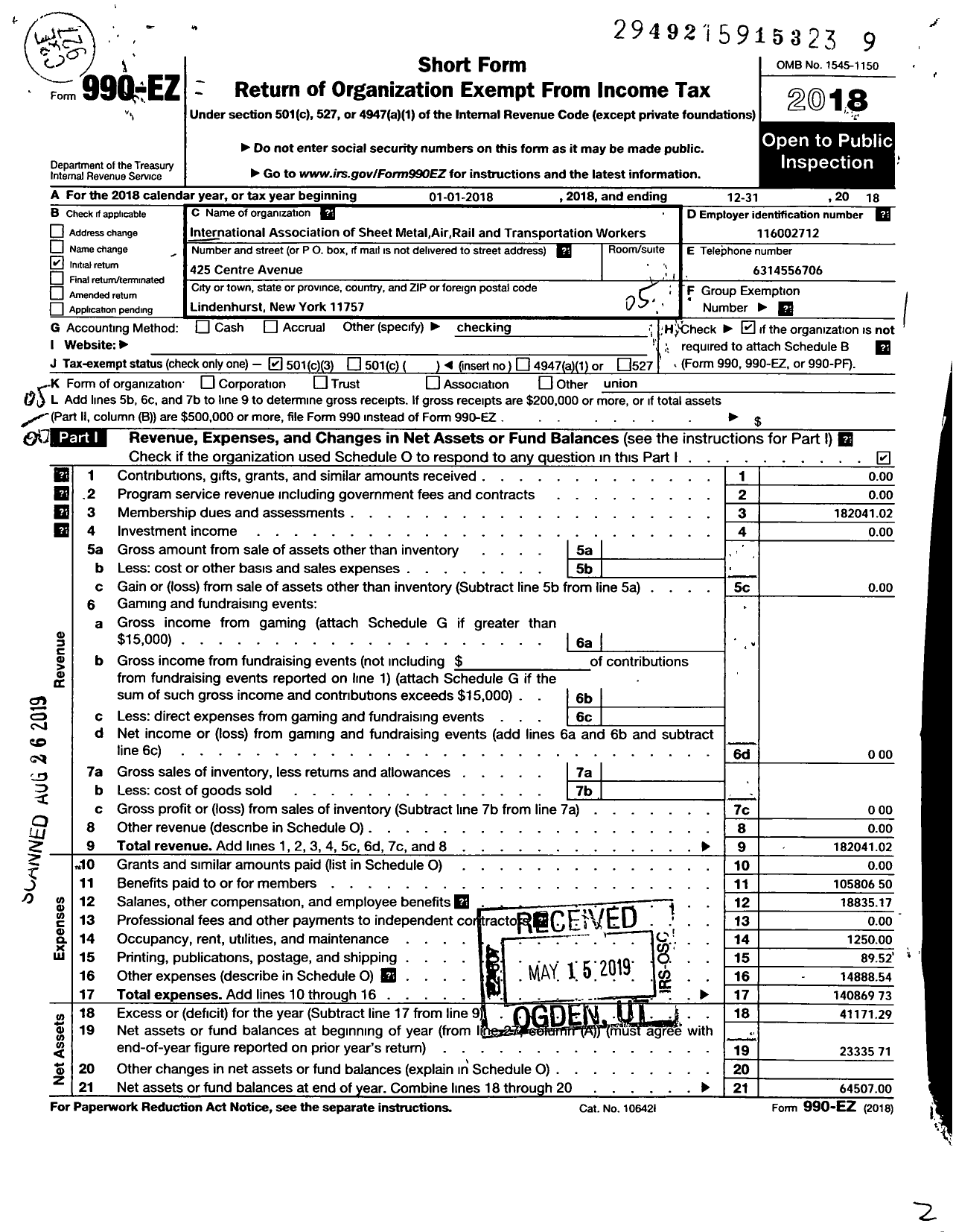 Image of first page of 2018 Form 990EO for Smart Union - 1831 TD