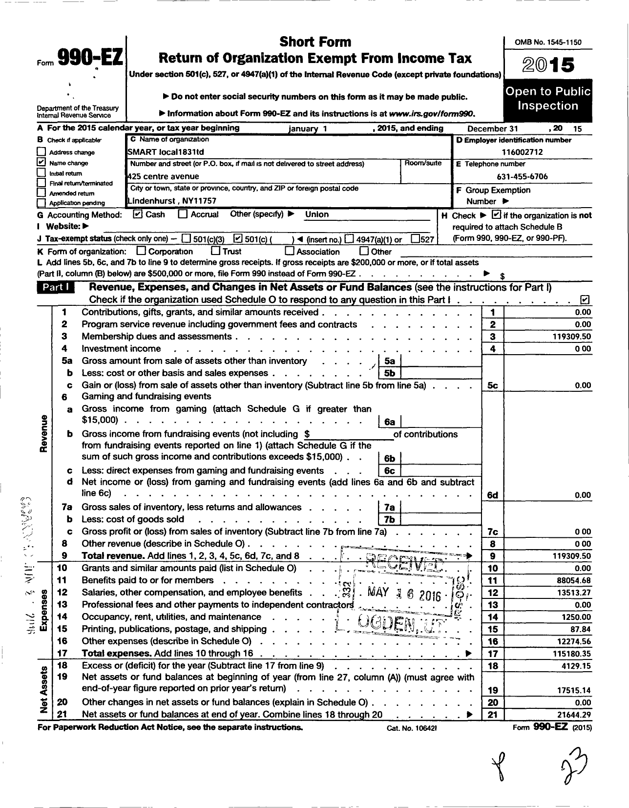 Image of first page of 2015 Form 990EO for Smart Union - 1831 TD