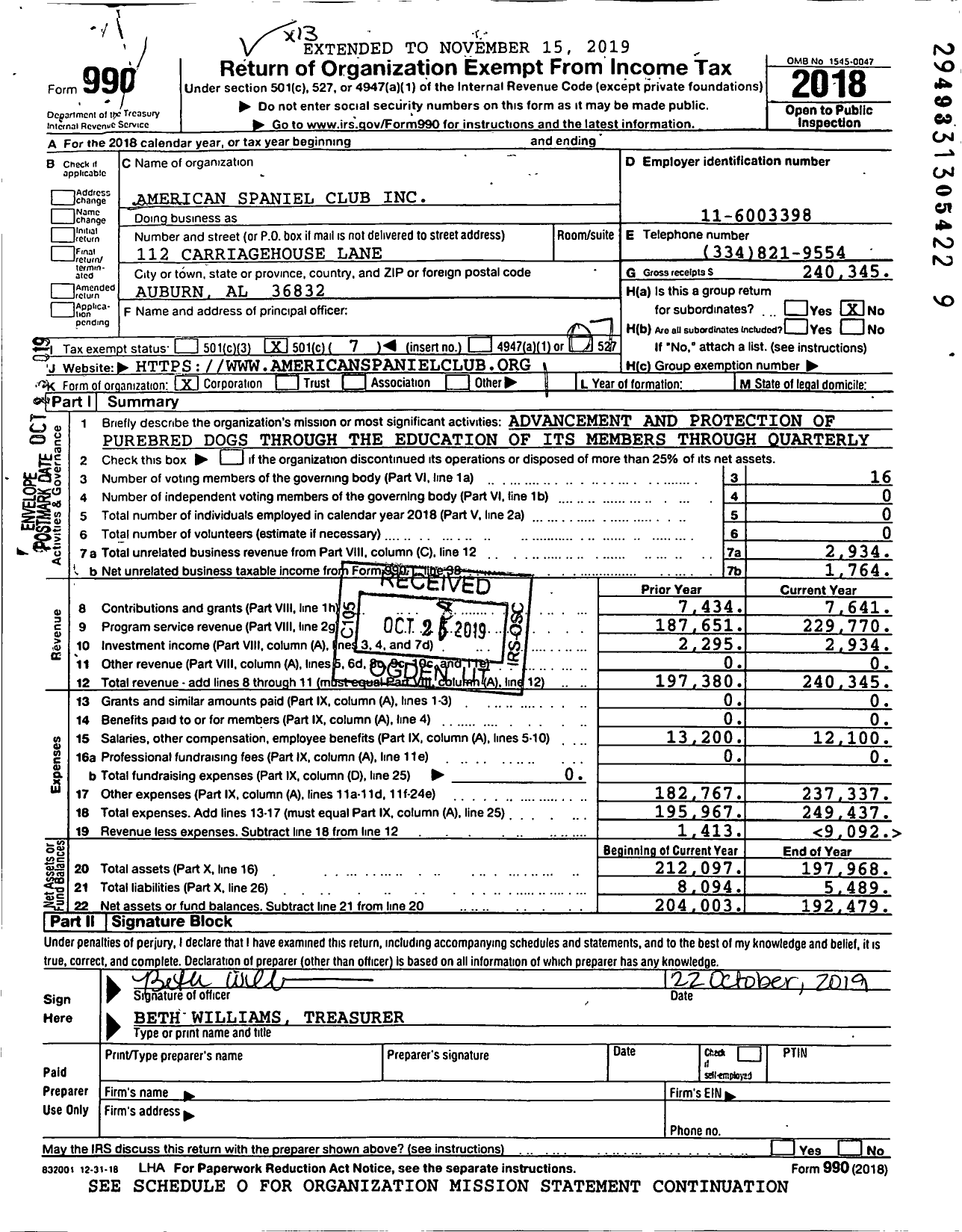 Image of first page of 2018 Form 990O for American Spaniel Club