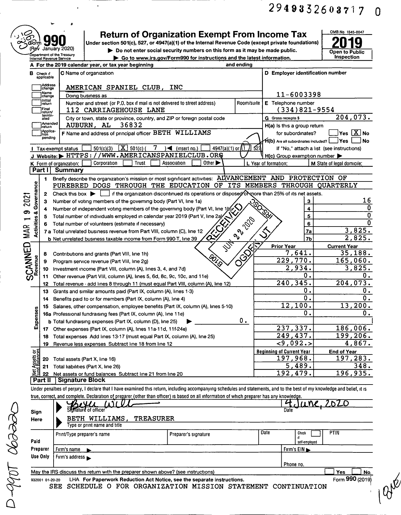 Image of first page of 2019 Form 990O for American Spaniel Club