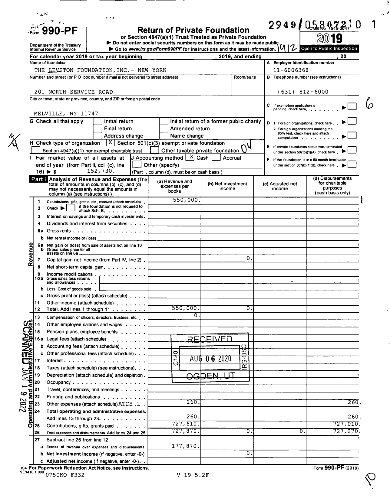 Image of first page of 2019 Form 990PF for The Leviton Foundation