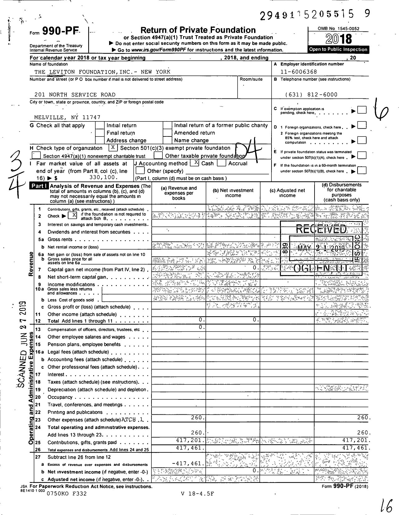 Image of first page of 2018 Form 990PF for The Leviton Foundationinc- New York