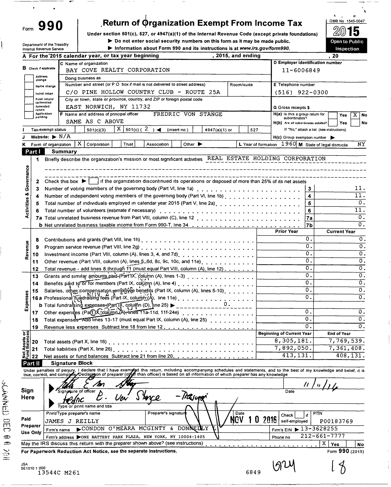 Image of first page of 2015 Form 990O for Bay Cove Realty Corporation