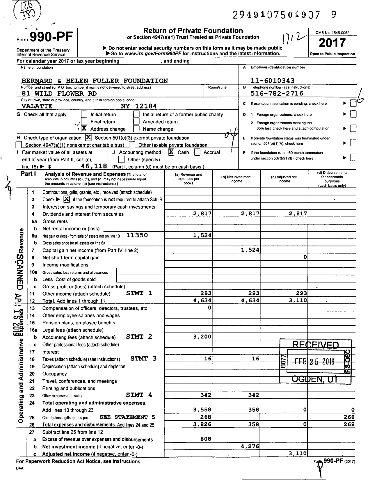 Image of first page of 2017 Form 990PF for Bernard and Helen Fuller Foundation