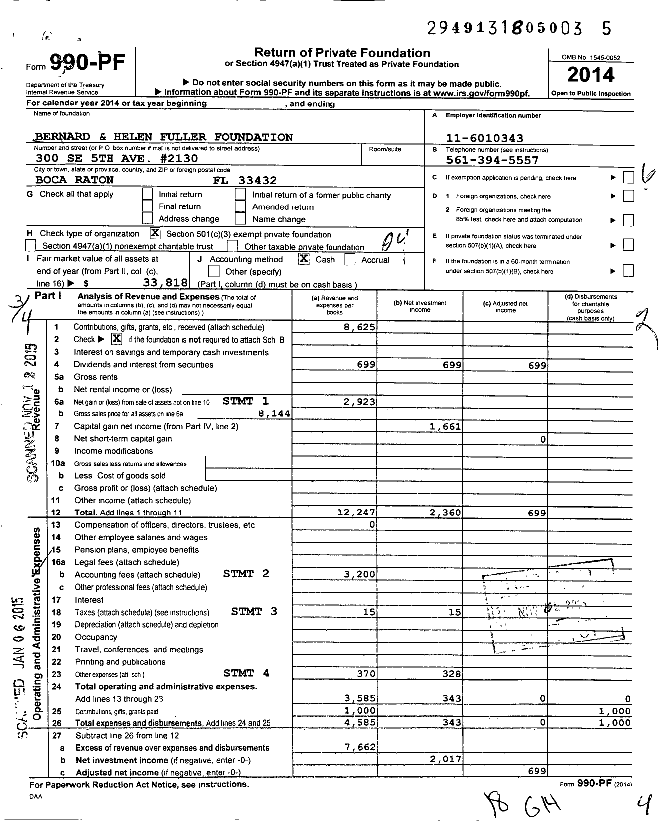 Image of first page of 2014 Form 990PF for Bernard and Helen Fuller Foundation