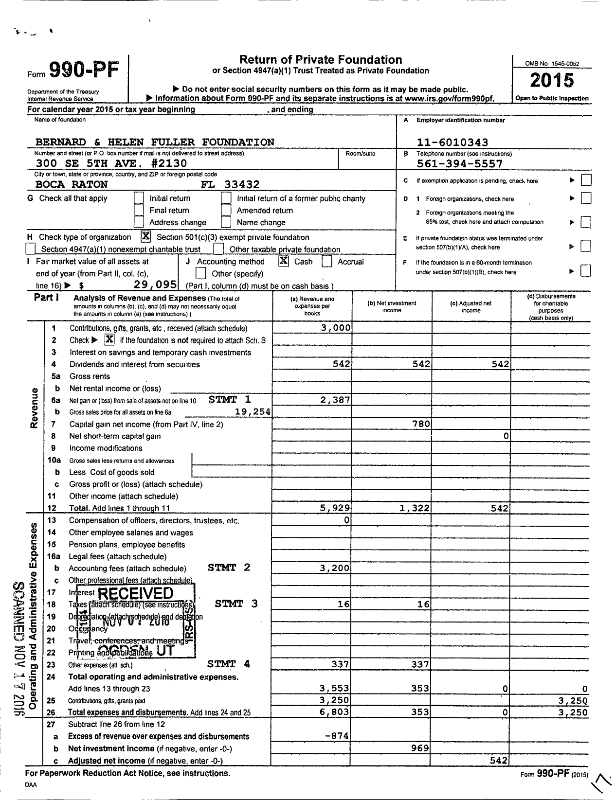 Image of first page of 2015 Form 990PF for Bernard and Helen Fuller Foundation