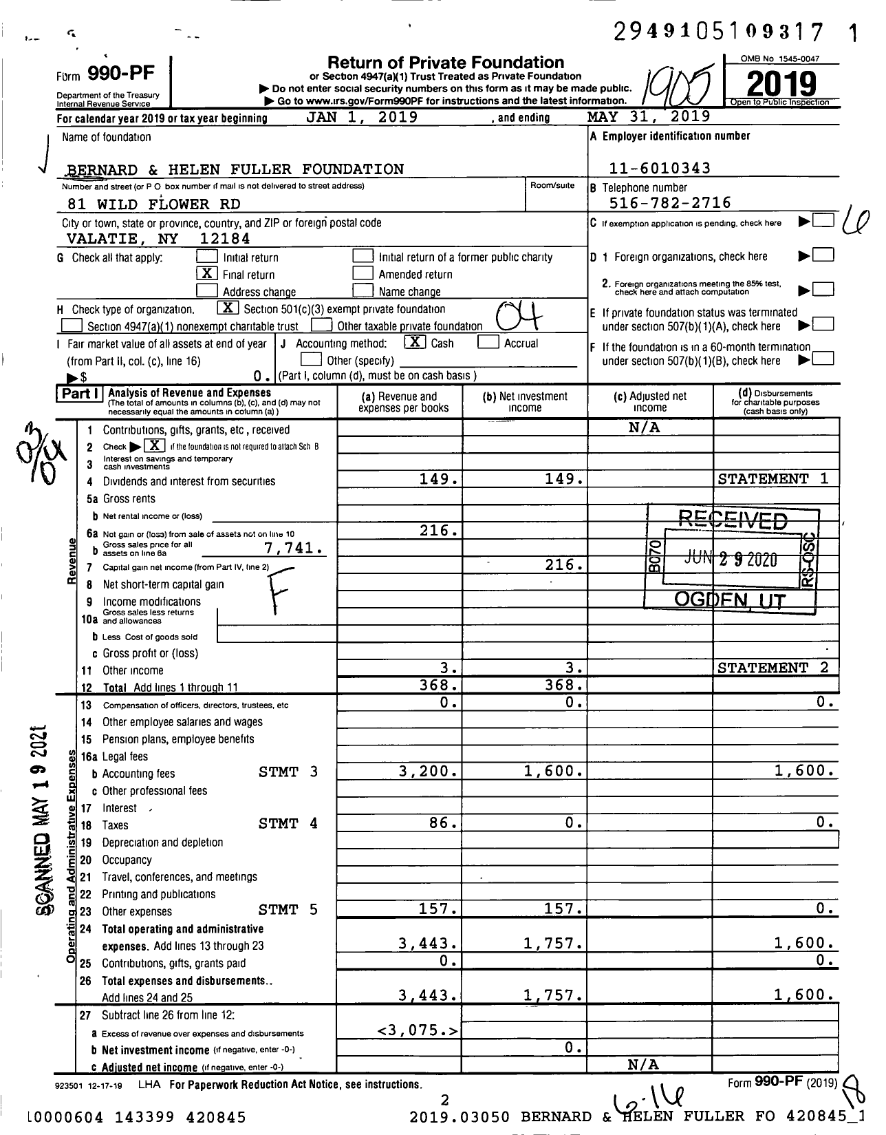 Image of first page of 2018 Form 990PF for Bernard and Helen Fuller Foundation