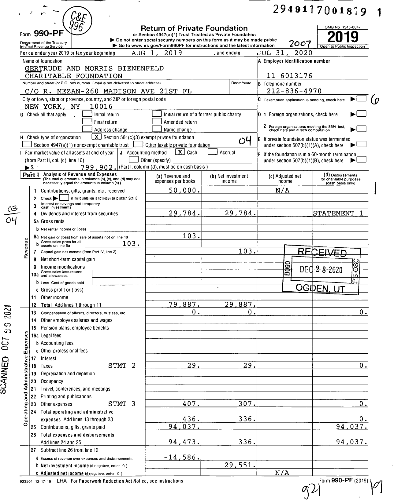 Image of first page of 2019 Form 990PF for Gertrude and Morris Bienenfeld Charitable Foundation