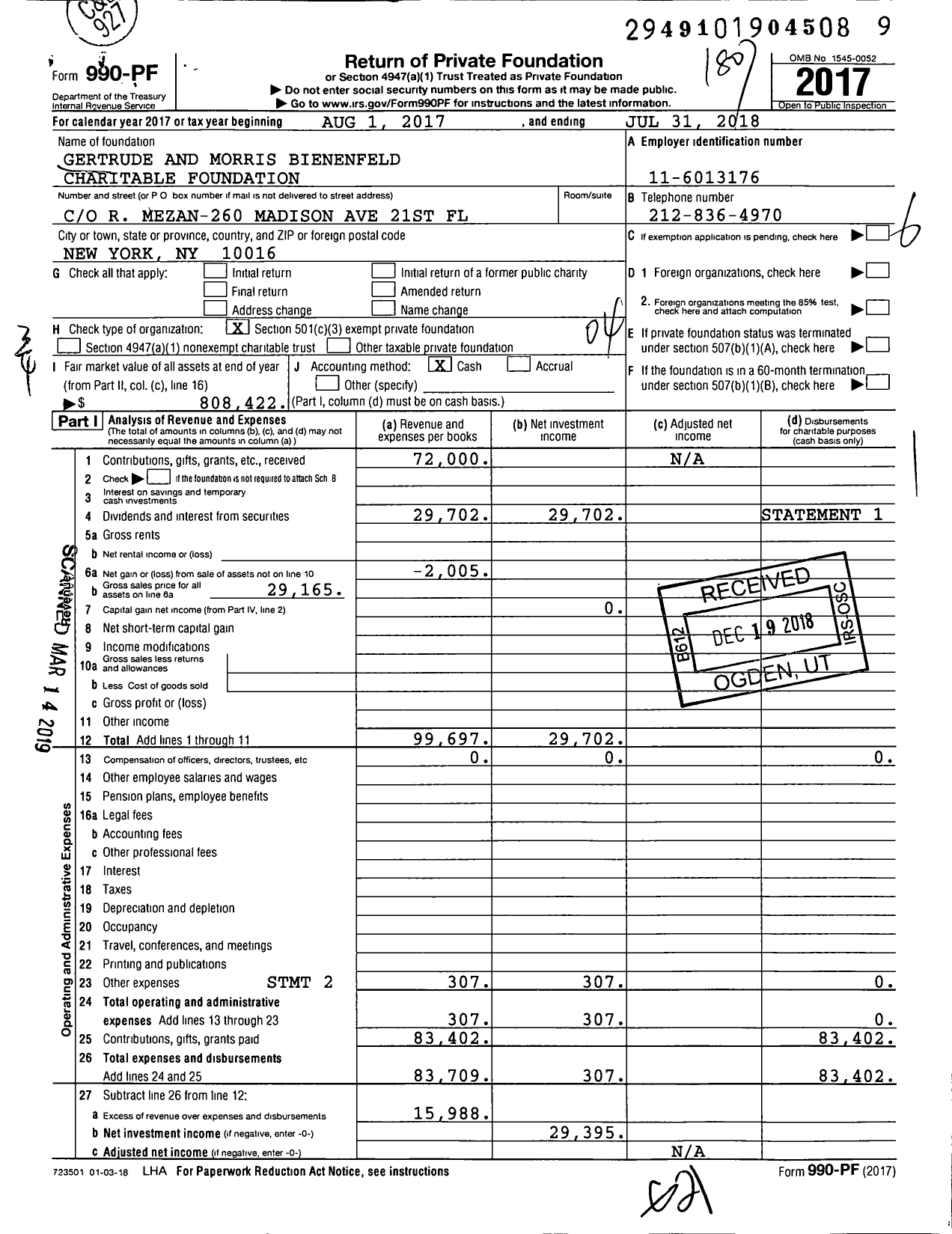 Image of first page of 2017 Form 990PF for Gertrude and Morris Bienenfeld Charitable Foundation