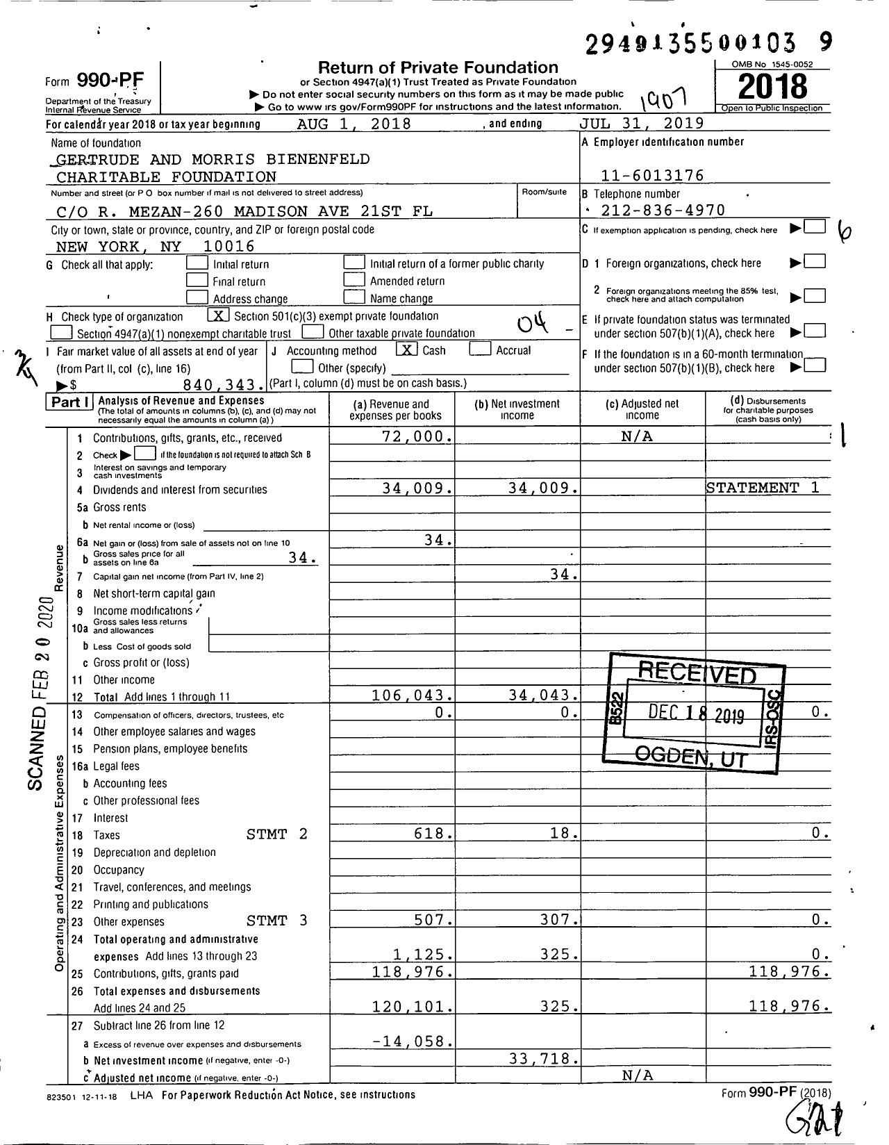 Image of first page of 2018 Form 990PF for Gertrude and Morris Bienenfeld Charitable Foundation