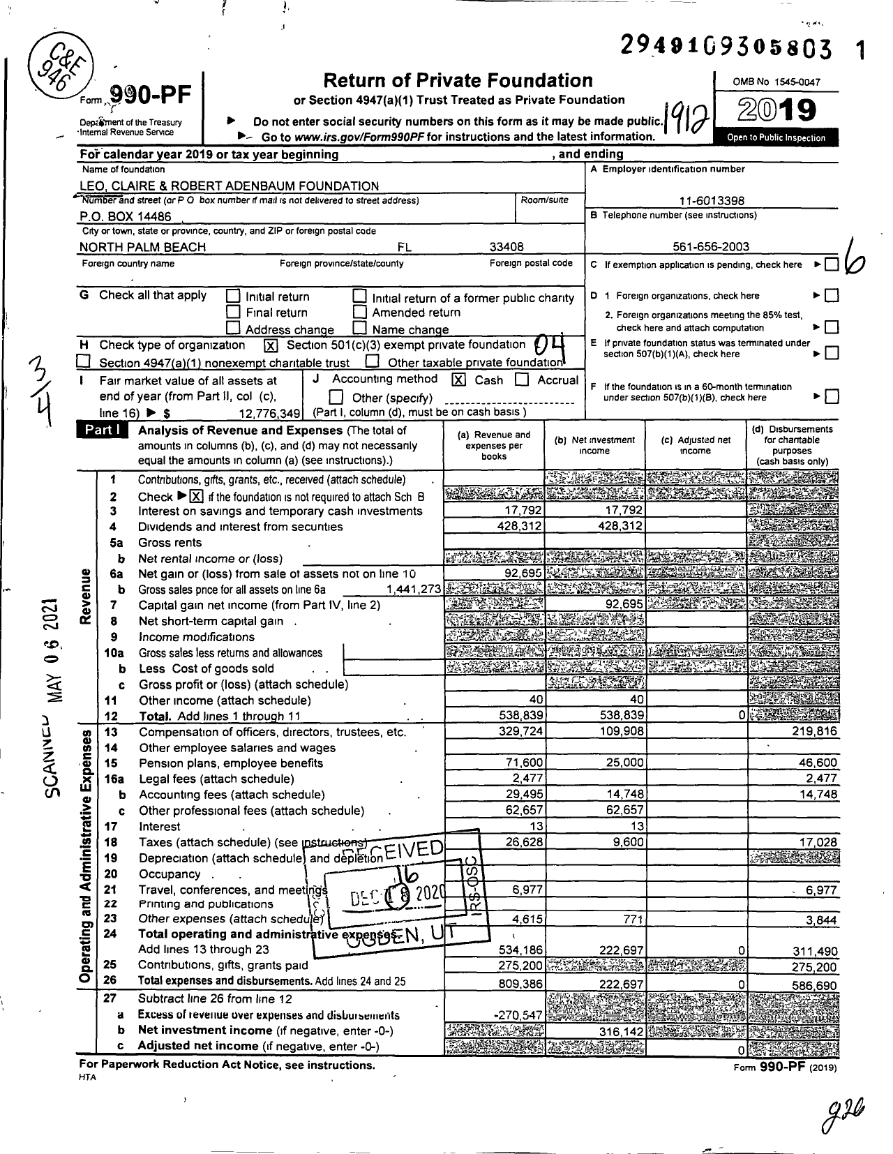 Image of first page of 2019 Form 990PF for Leo Claire and Robert Adenbaum Foundation