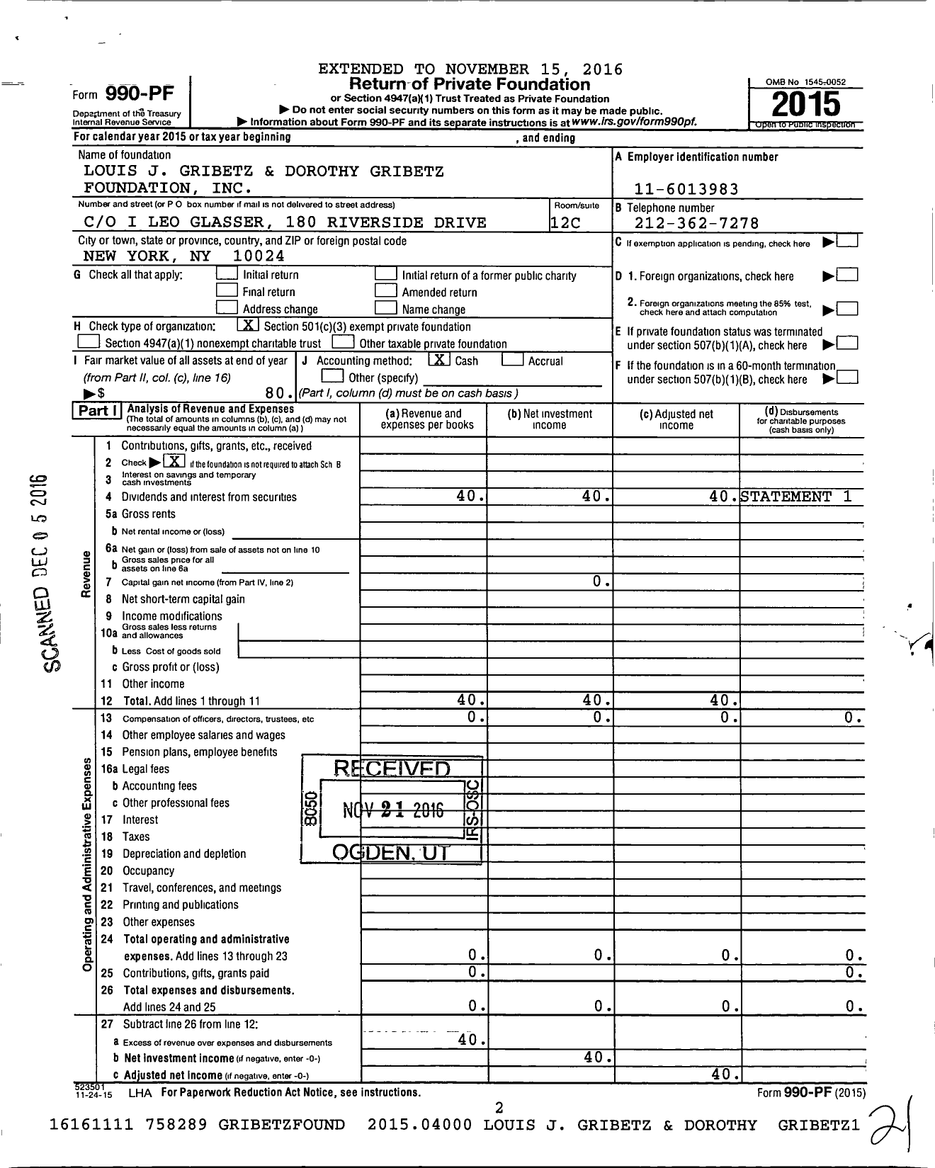 Image of first page of 2015 Form 990PF for Louis Gribetz and Dorothy Gribetz Foundation