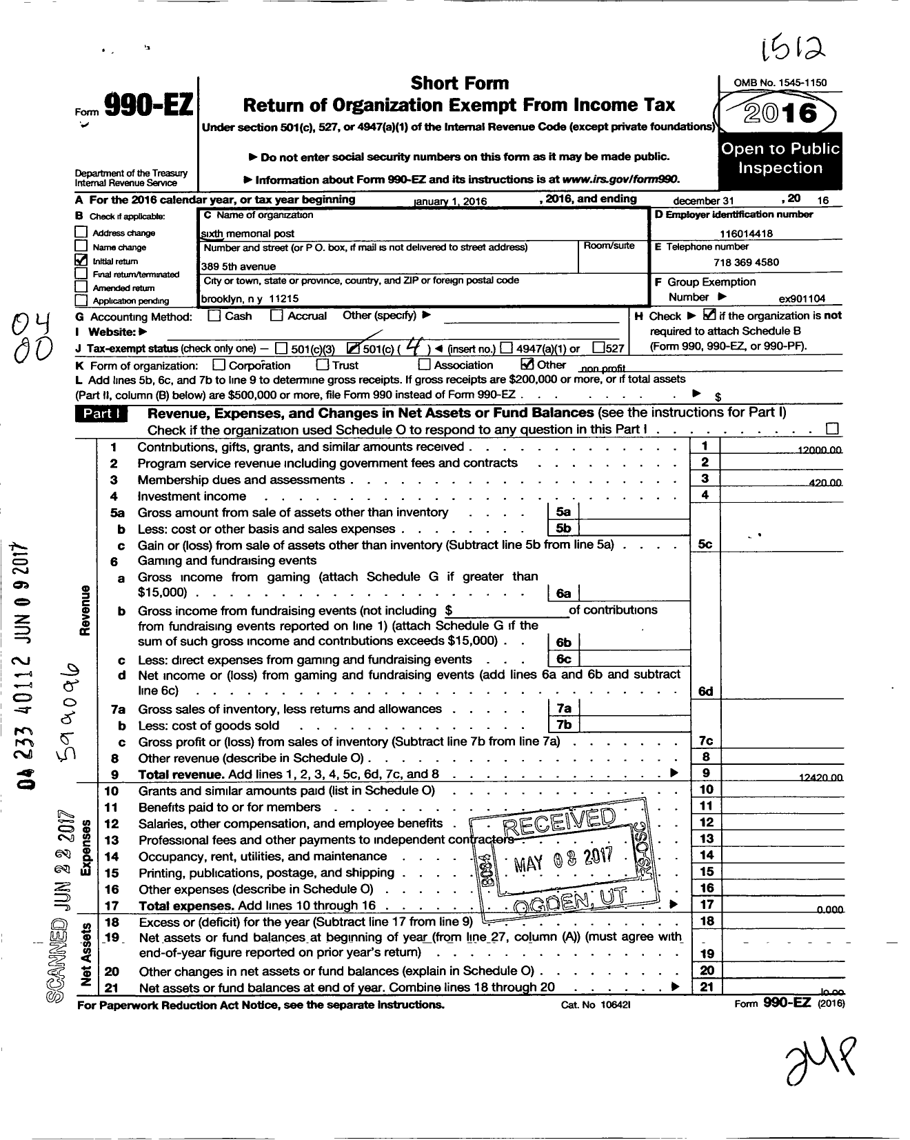 Image of first page of 2015 Form 990EO for Sixth Memorial Association