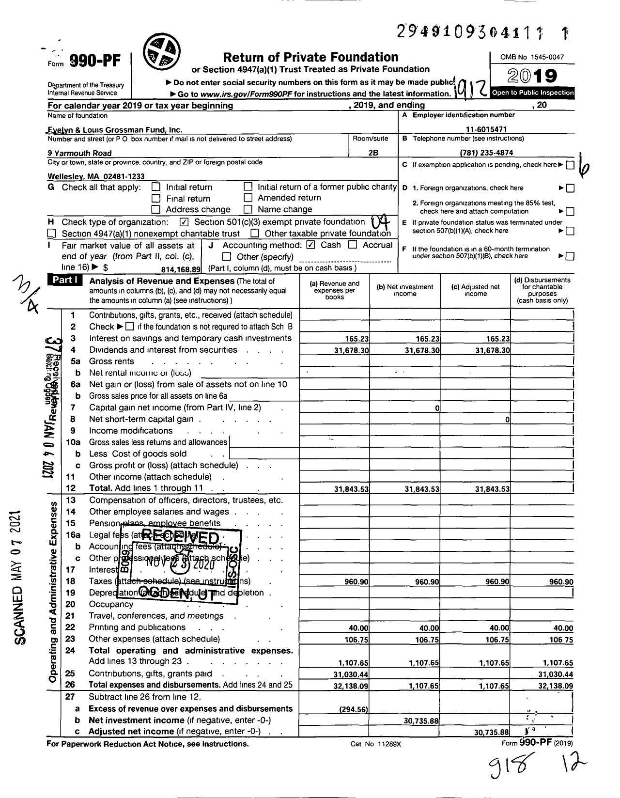 Image of first page of 2019 Form 990PF for Evelyn and Louis Grossman Fund