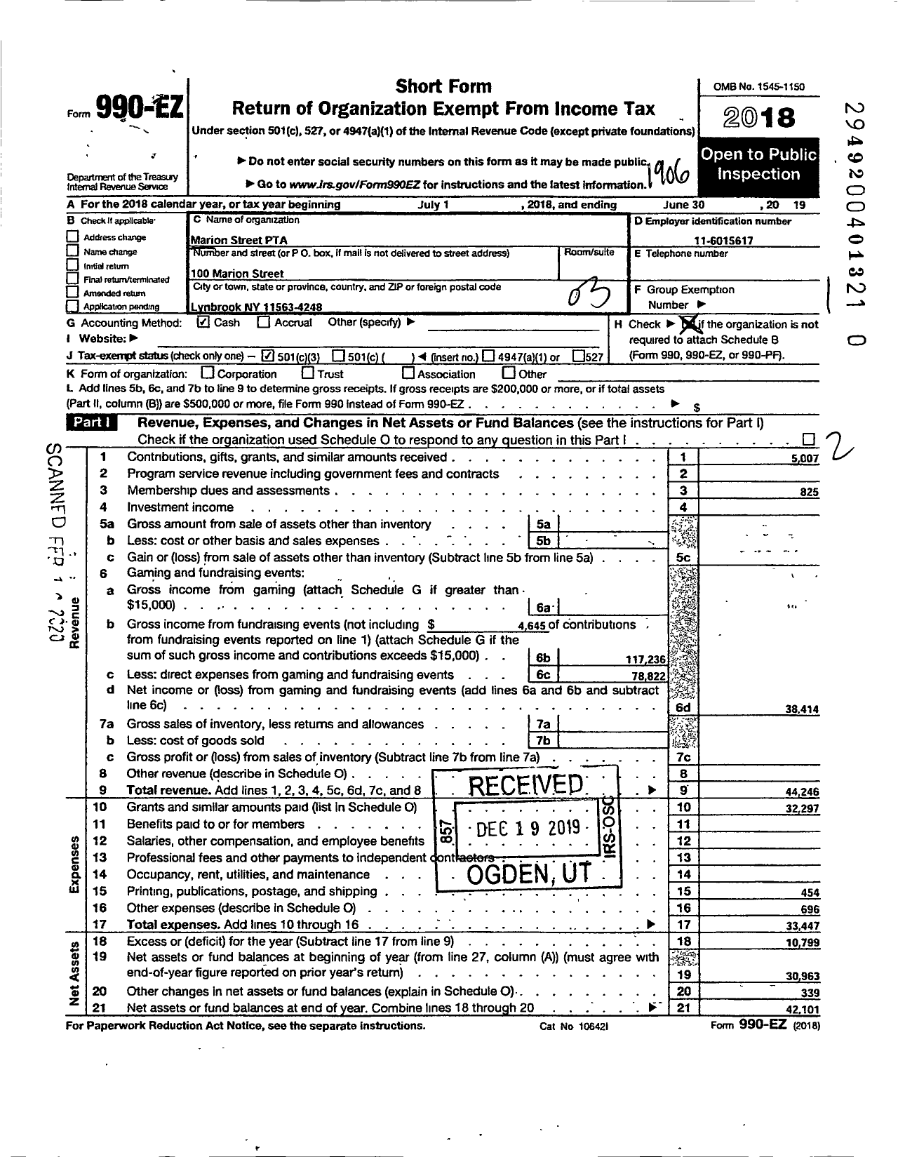 Image of first page of 2018 Form 990EZ for New York State PTA - 10-248 Marion Street School PTA