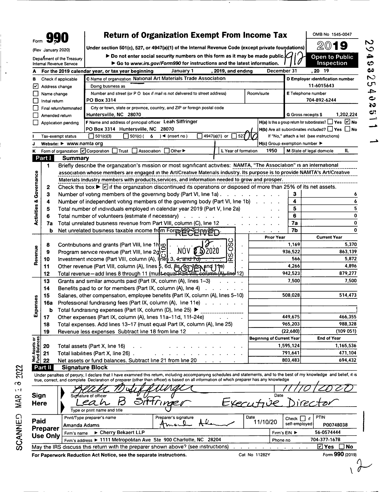 Image of first page of 2019 Form 990O for National Art Materials Trade Association