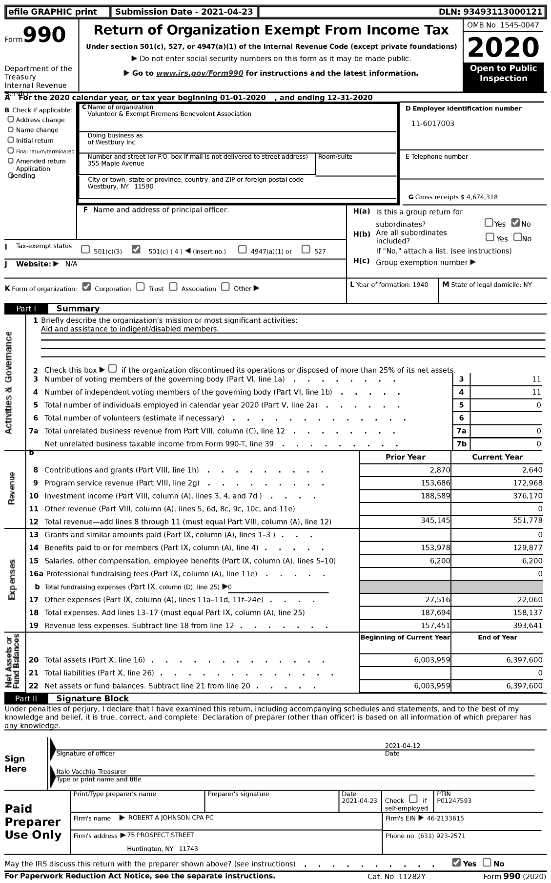 Image of first page of 2020 Form 990 for Volunteer and Exempt Firemen's Benevolent Association of Westbury