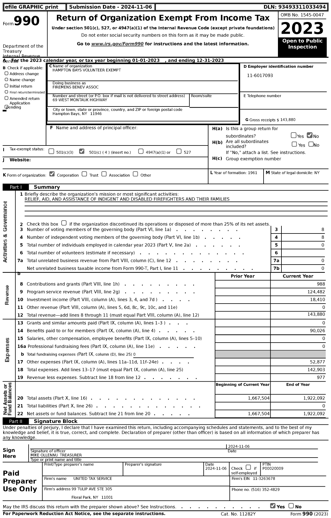 Image of first page of 2023 Form 990 for Firemens Benevolent Association / Hampton Bays Volunteer Exempt