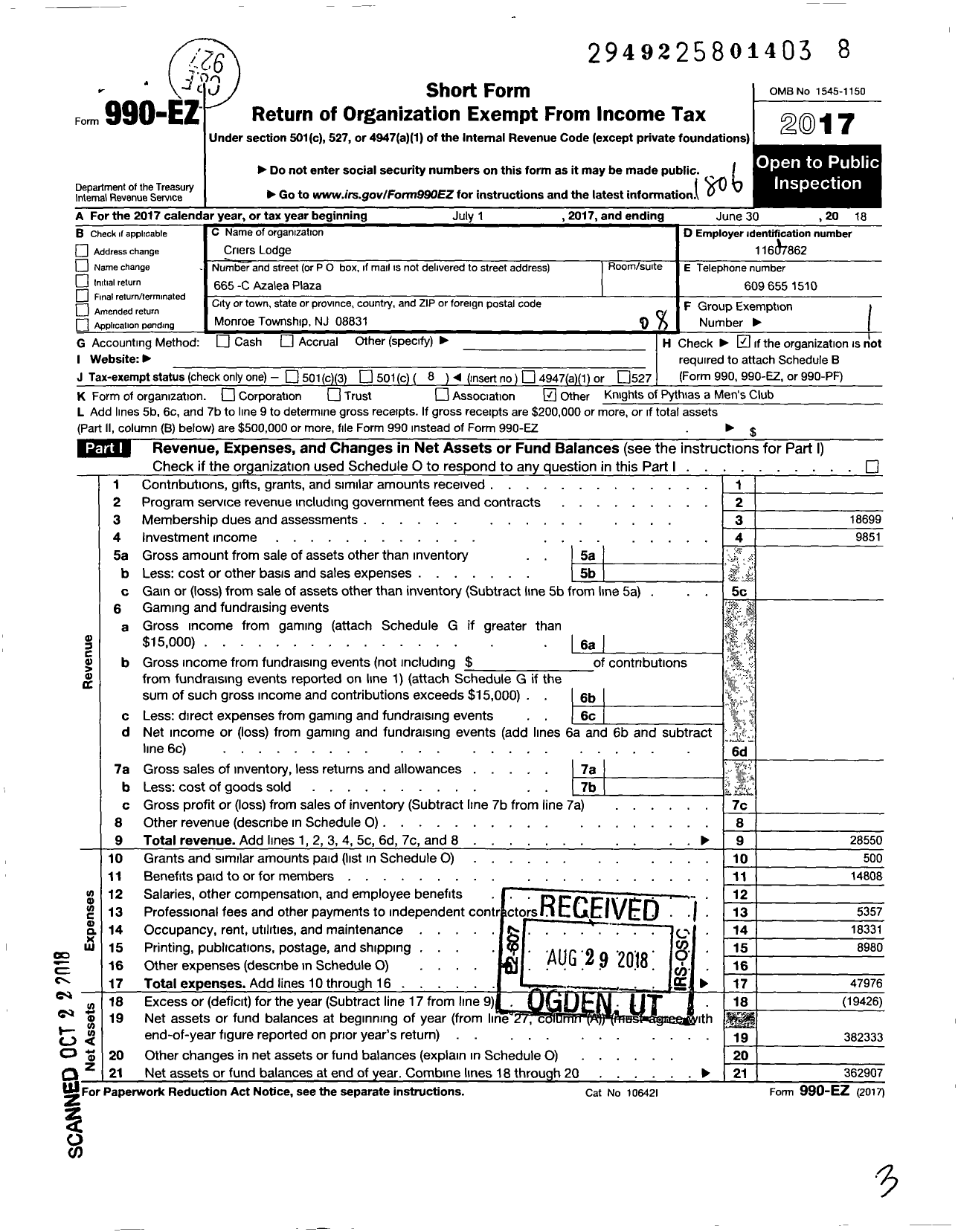 Image of first page of 2017 Form 990EO for Knights of Pythias of New York - 651 Criers Lodge