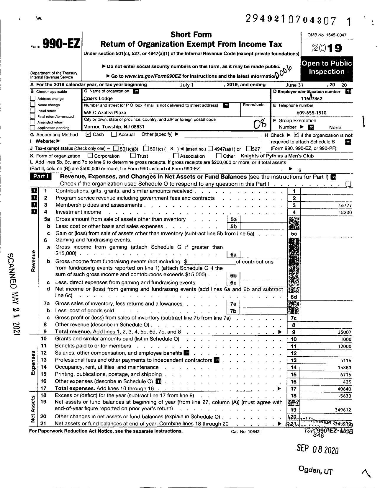 Image of first page of 2019 Form 990EO for Knights of Pythias of New York - 651 Criers Lodge