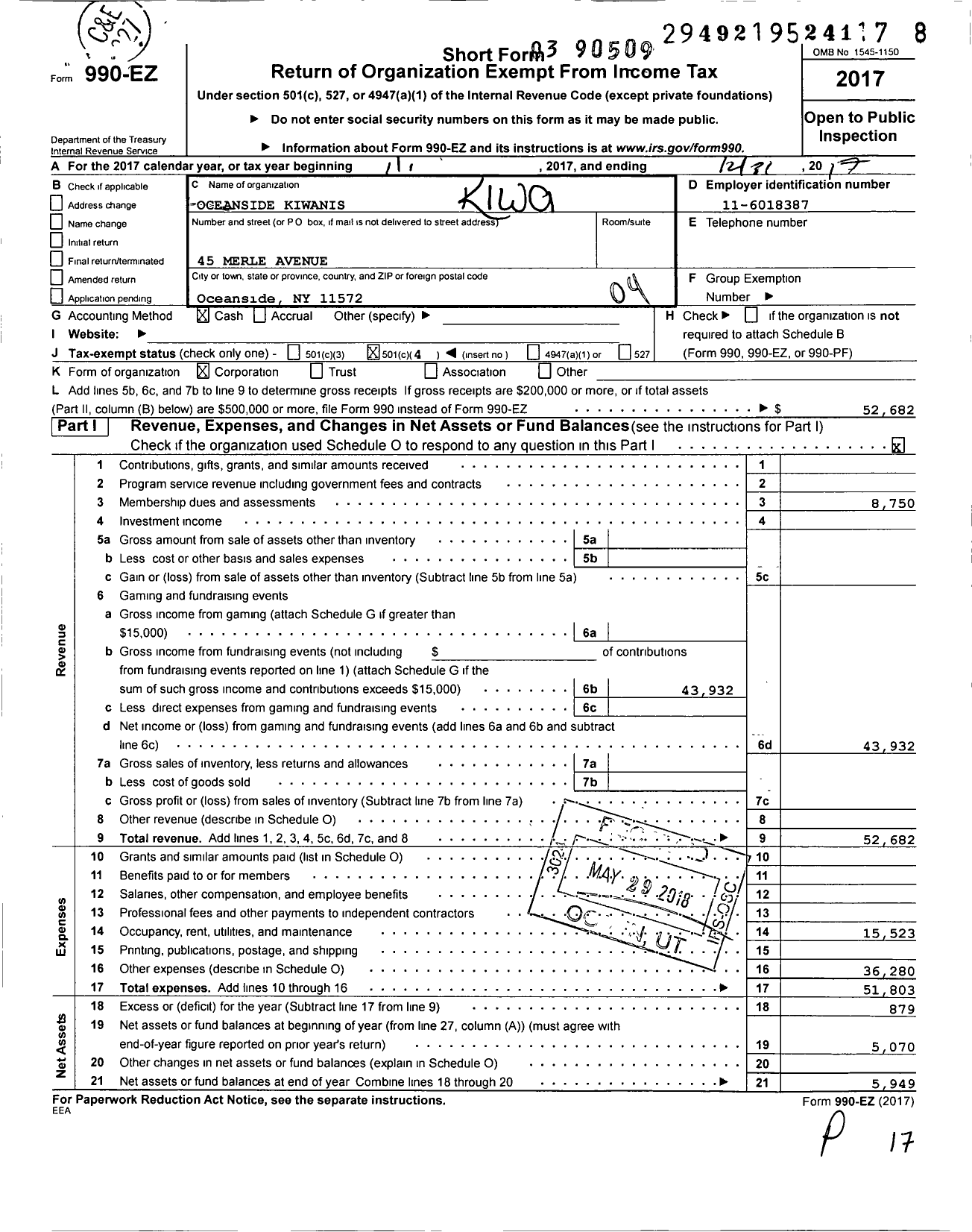 Image of first page of 2017 Form 990EO for Kiwanis International - K02639 Oceanside