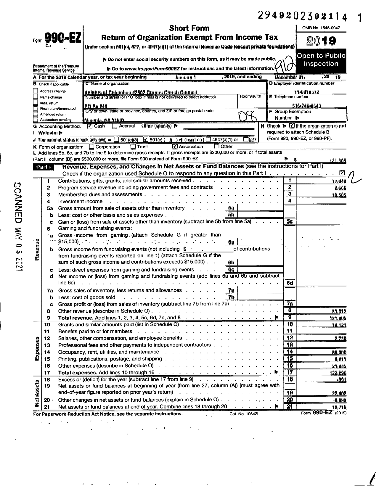 Image of first page of 2019 Form 990EO for Corpus Christi Council No 2502 Knights of Columbus