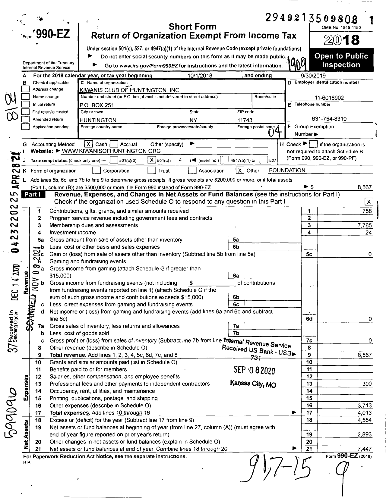 Image of first page of 2018 Form 990EO for Kiwanis International - K03687 Huntington