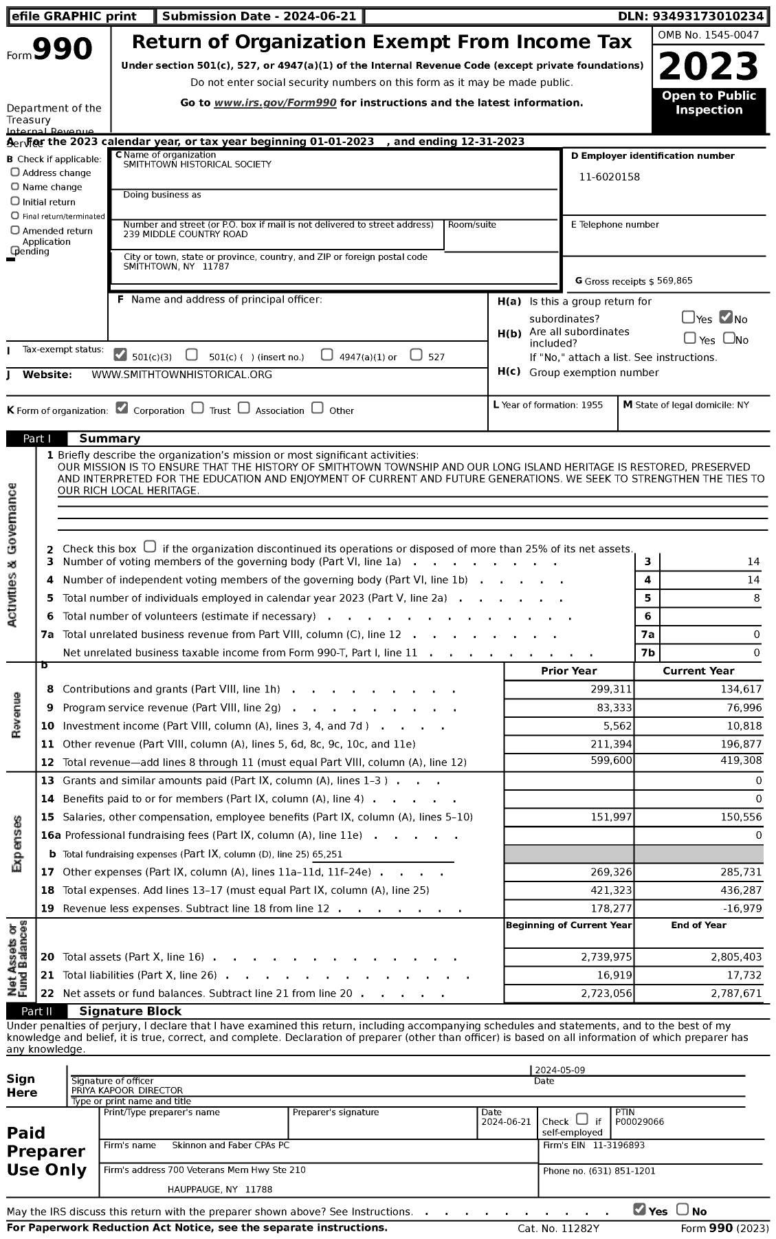 Image of first page of 2023 Form 990 for Smithtown Historical Society