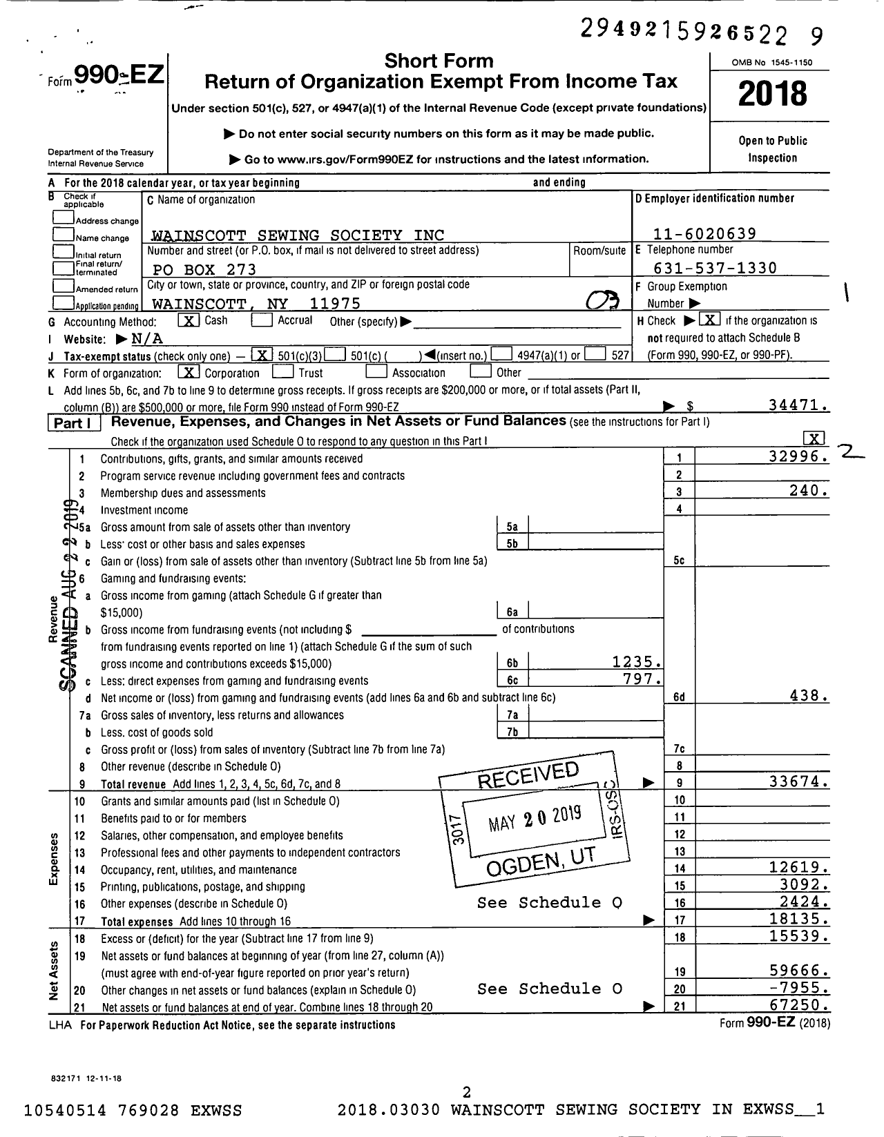 Image of first page of 2018 Form 990EZ for Wainscott Sewing Society