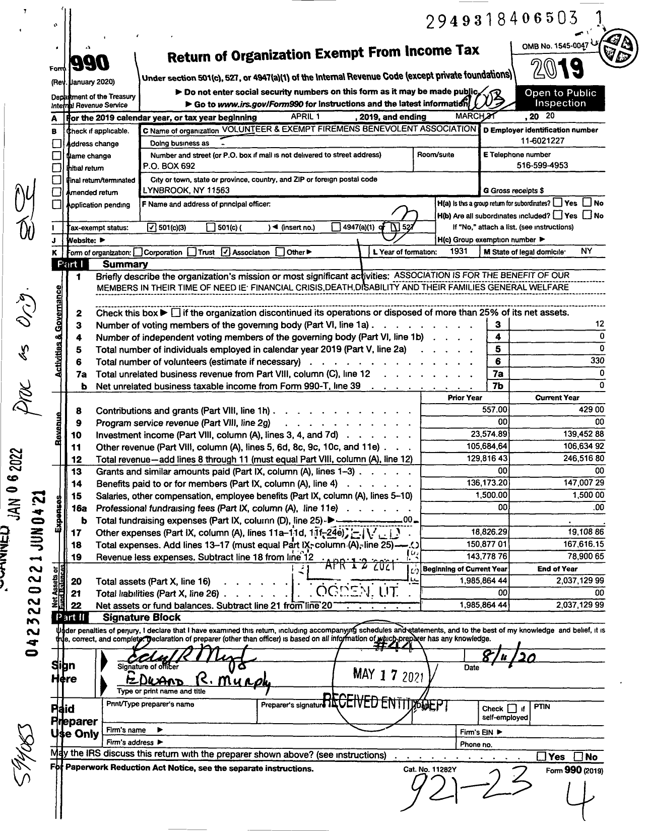 Image of first page of 2019 Form 990O for Volunteers and Exempt Firemens Benevolent Association of Lynbrook