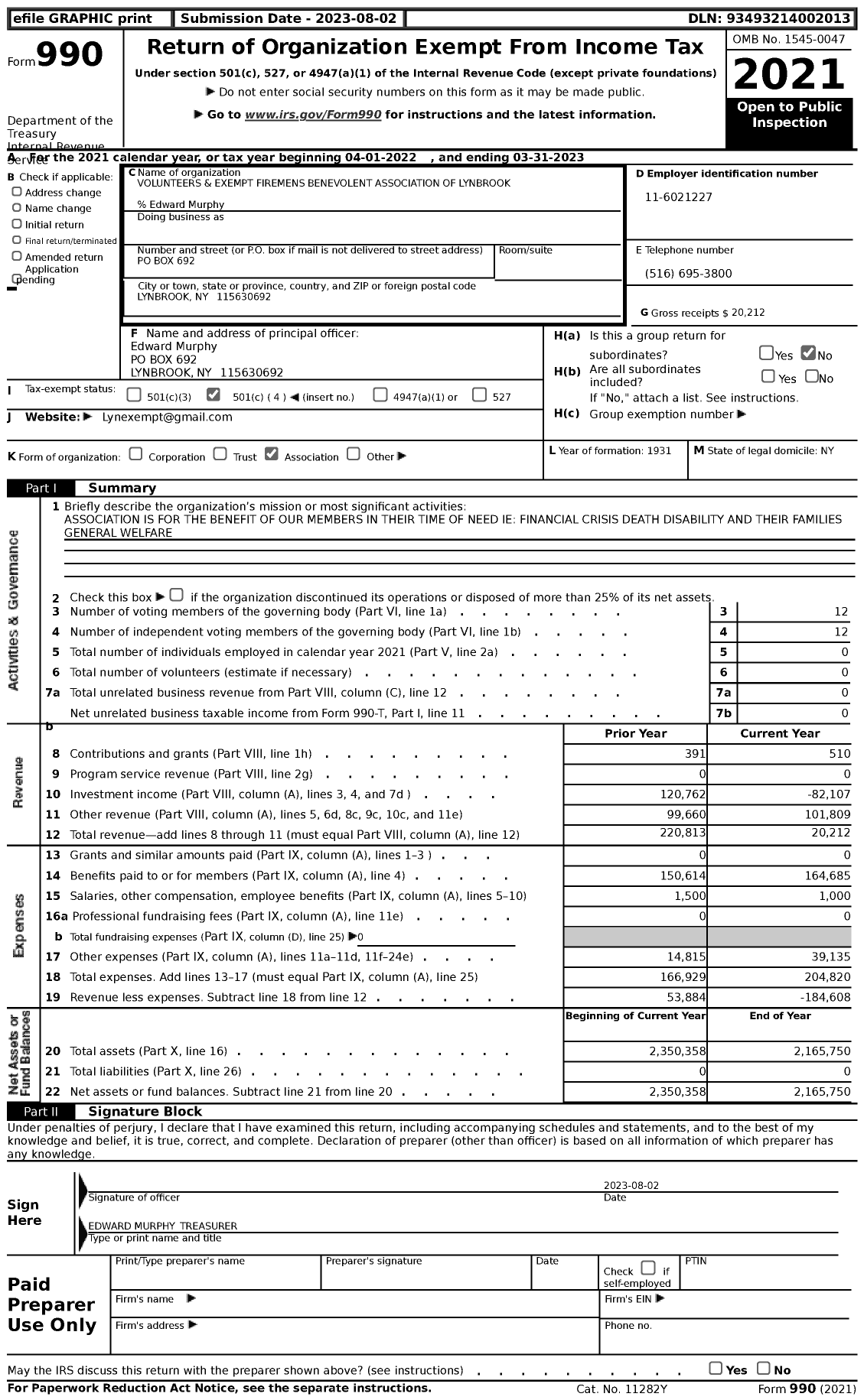 Image of first page of 2022 Form 990 for Volunteers and Exempt Firemens Benevolent Association of Lynbrook