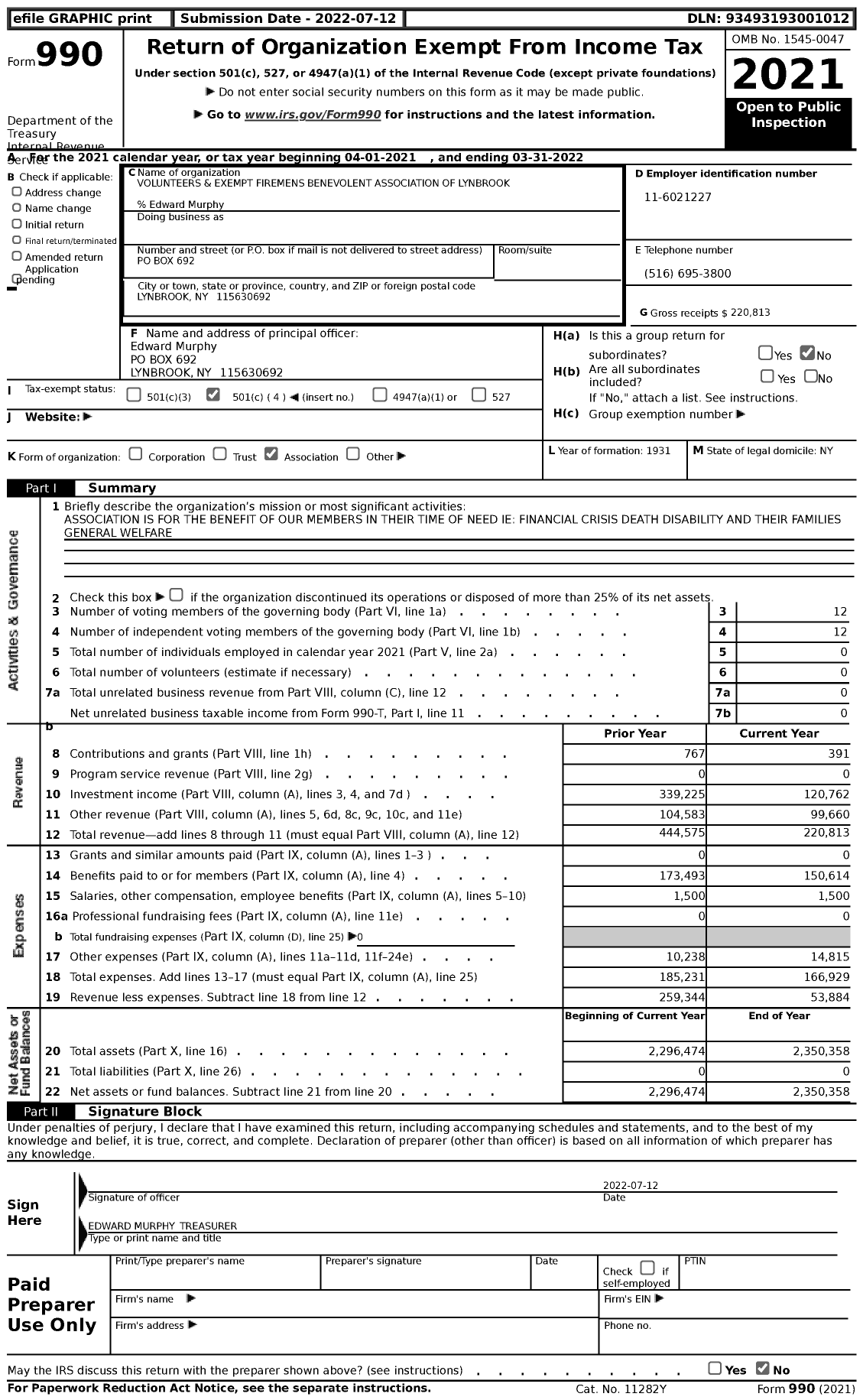 Image of first page of 2021 Form 990 for Volunteers and Exempt Firemens Benevolent Association of Lynbrook