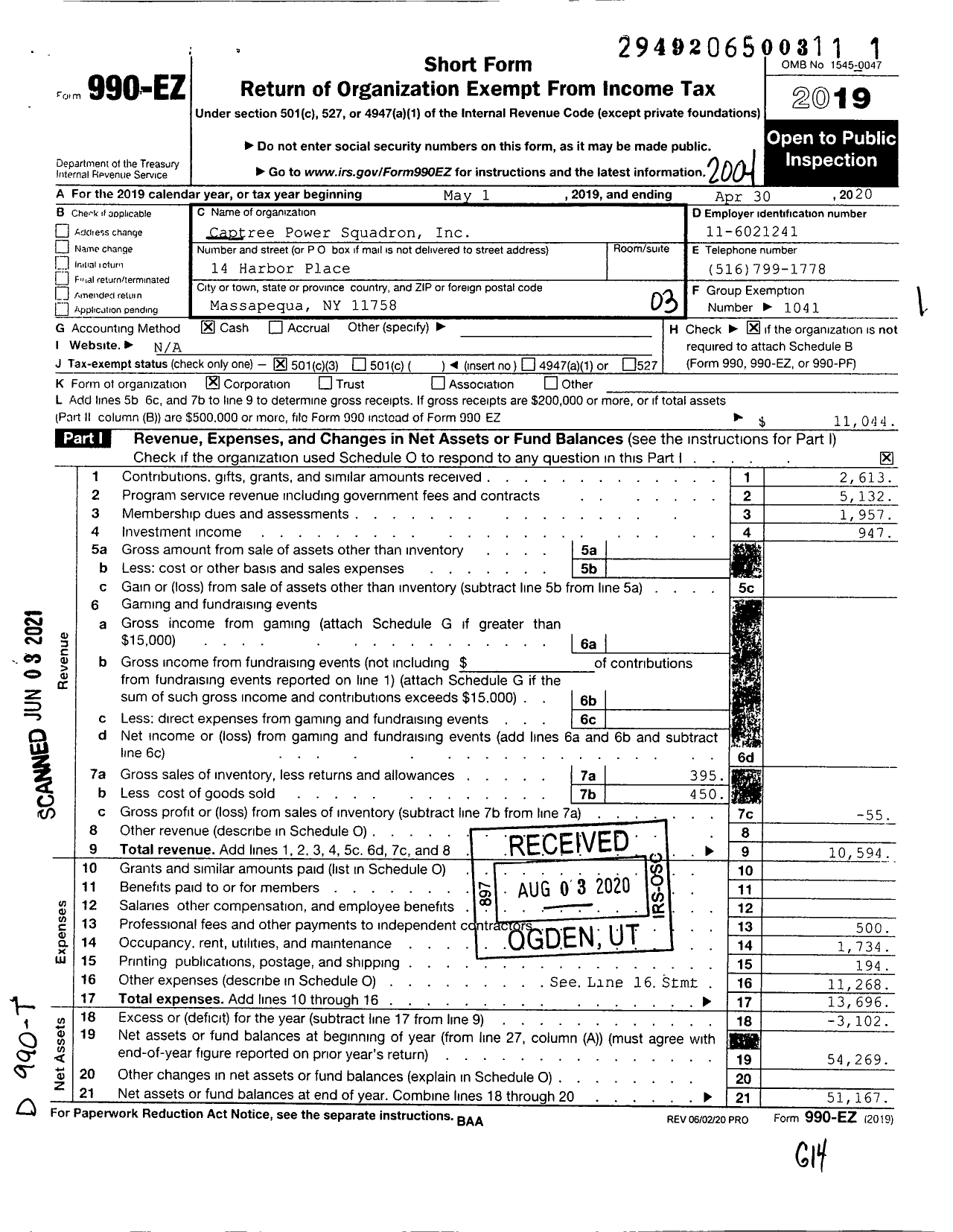 Image of first page of 2019 Form 990EZ for United States Power Squadrons - Captree Power Squadron