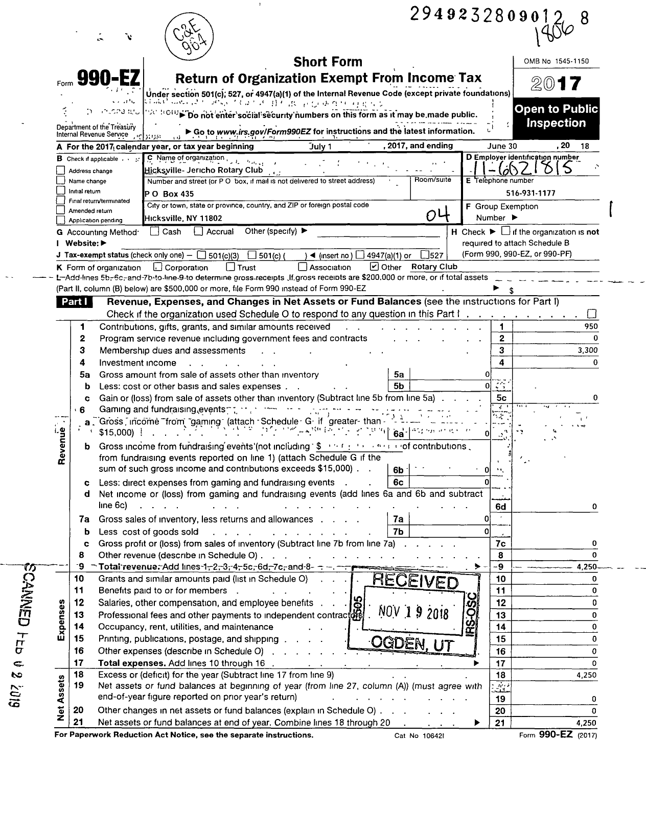 Image of first page of 2017 Form 990EO for Rotary International - Rotary Club of Hicksville-Jericho