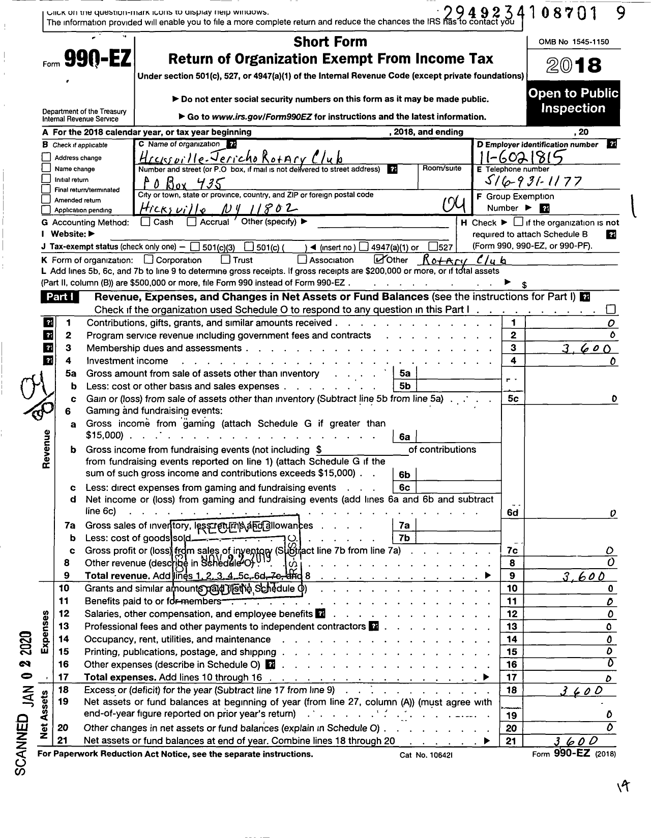 Image of first page of 2018 Form 990EO for Rotary International - Rotary Club of Hicksville-Jericho