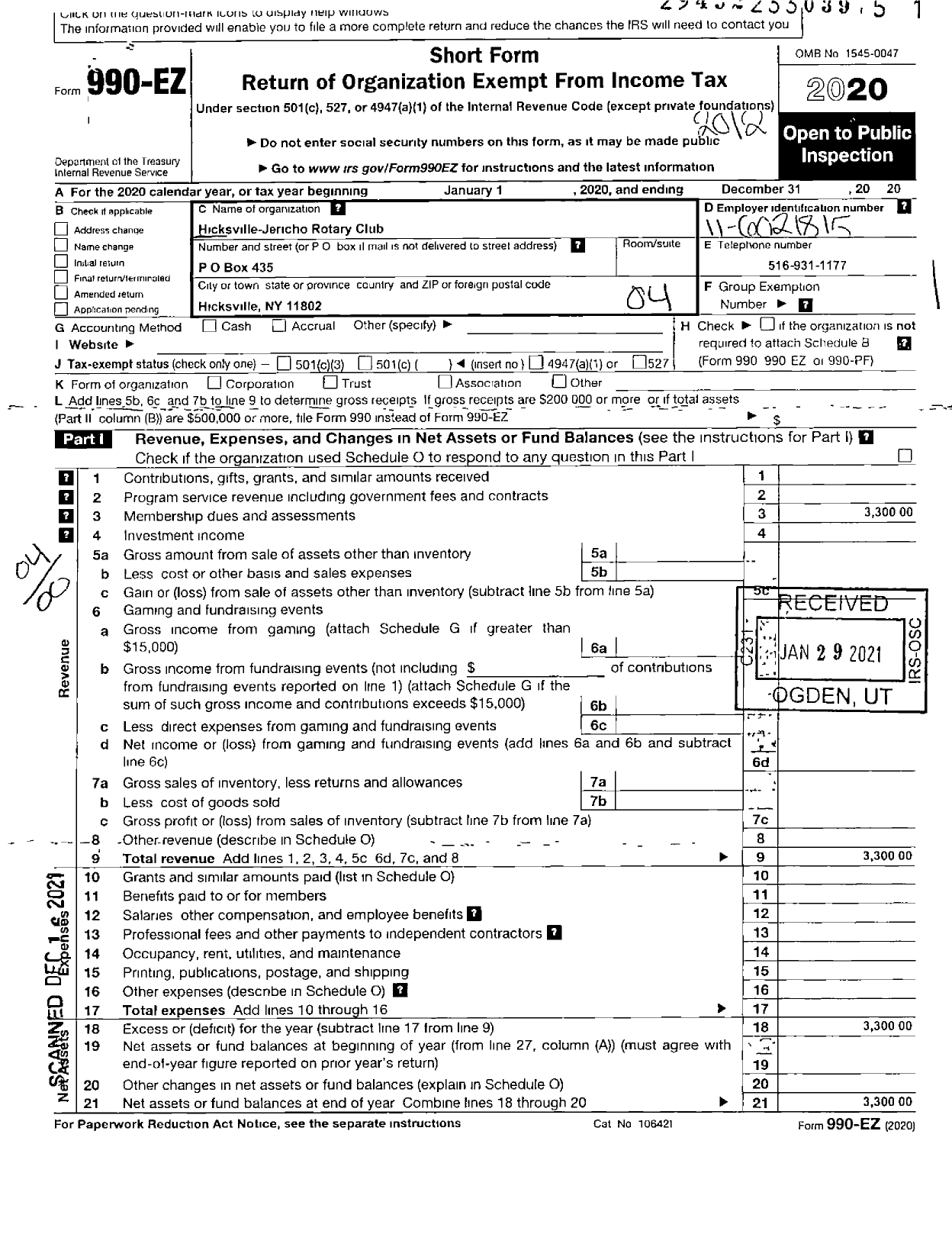 Image of first page of 2020 Form 990EO for Rotary International - Rotary Club of Hicksville-Jericho