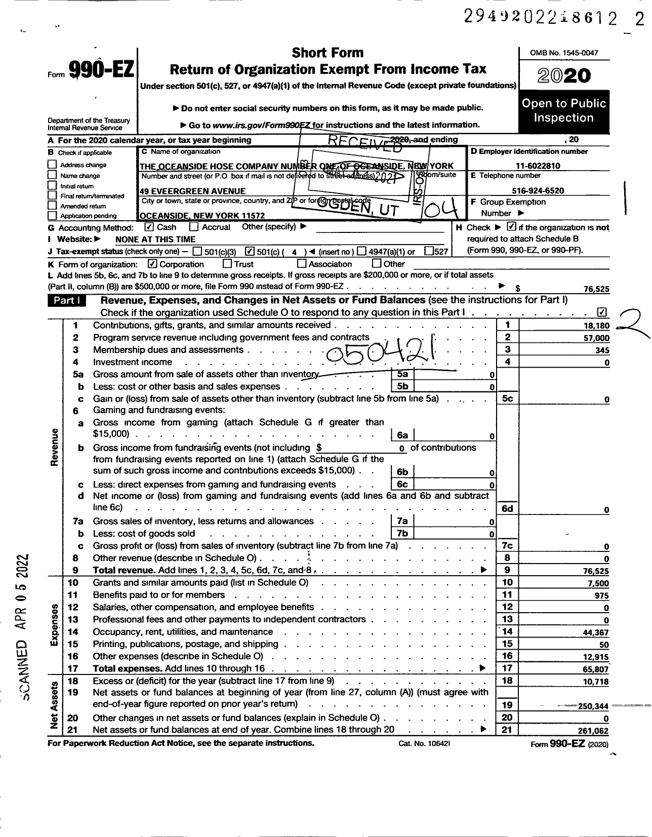 Image of first page of 2020 Form 990EO for Oceanside Hose Company Number One of Oceanside New York