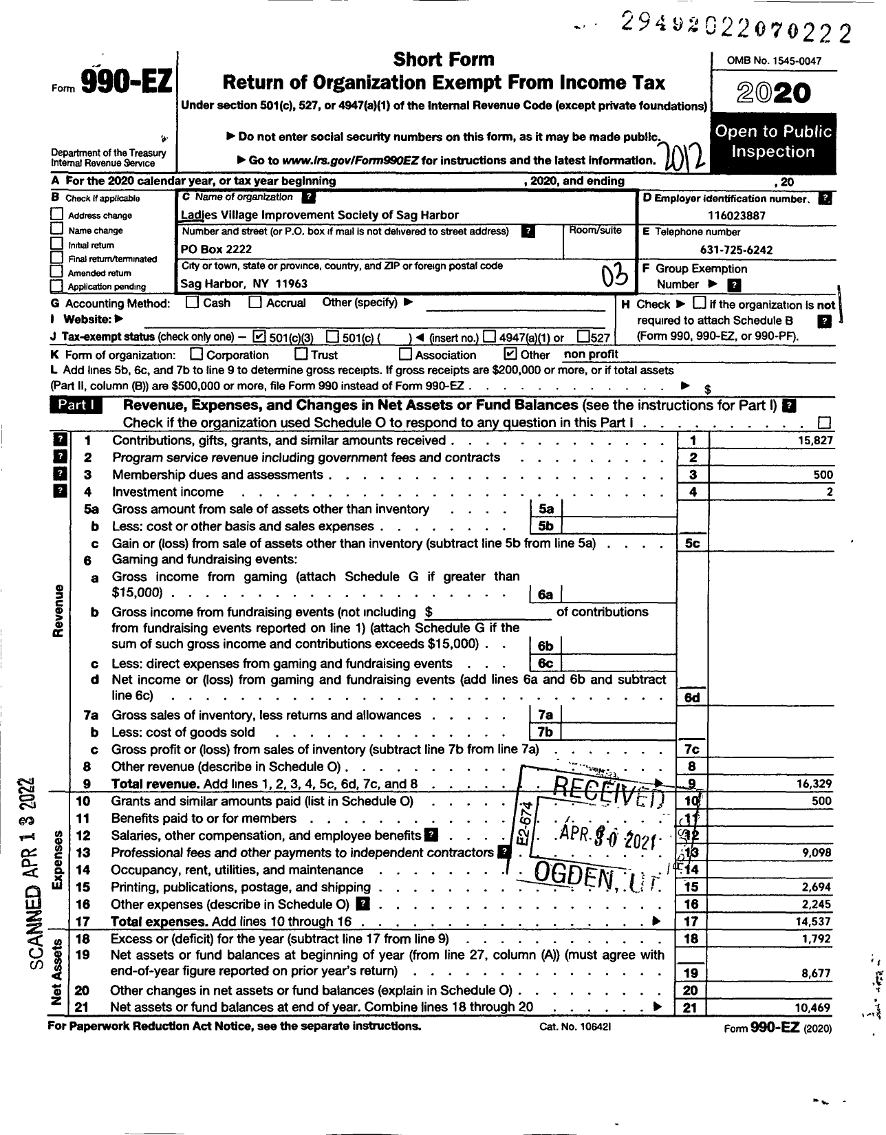 Image of first page of 2020 Form 990EZ for Ladies Village Improvement Society of Sag Harbor