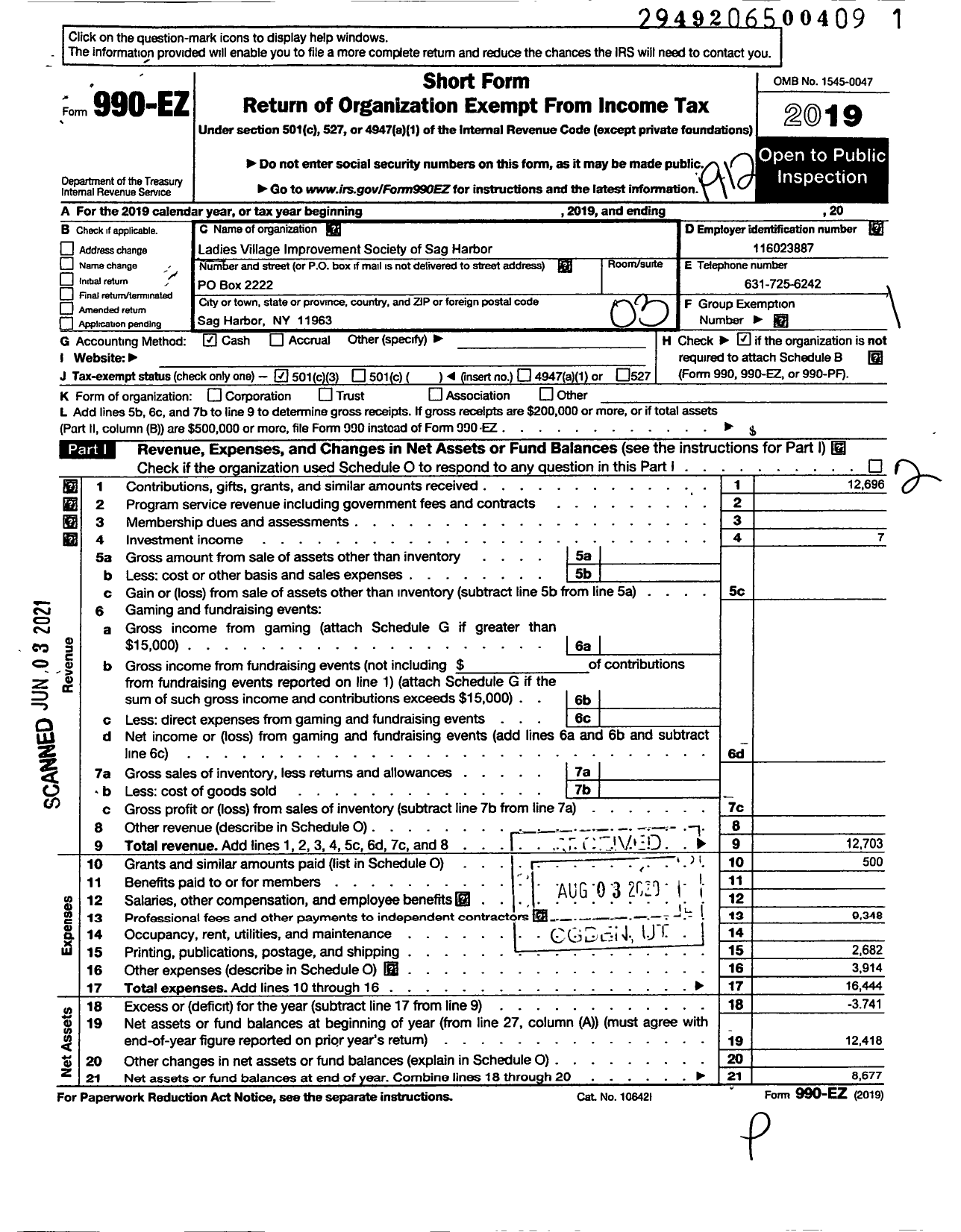 Image of first page of 2019 Form 990EZ for Ladies Village Improvement Society of Sag Harbor