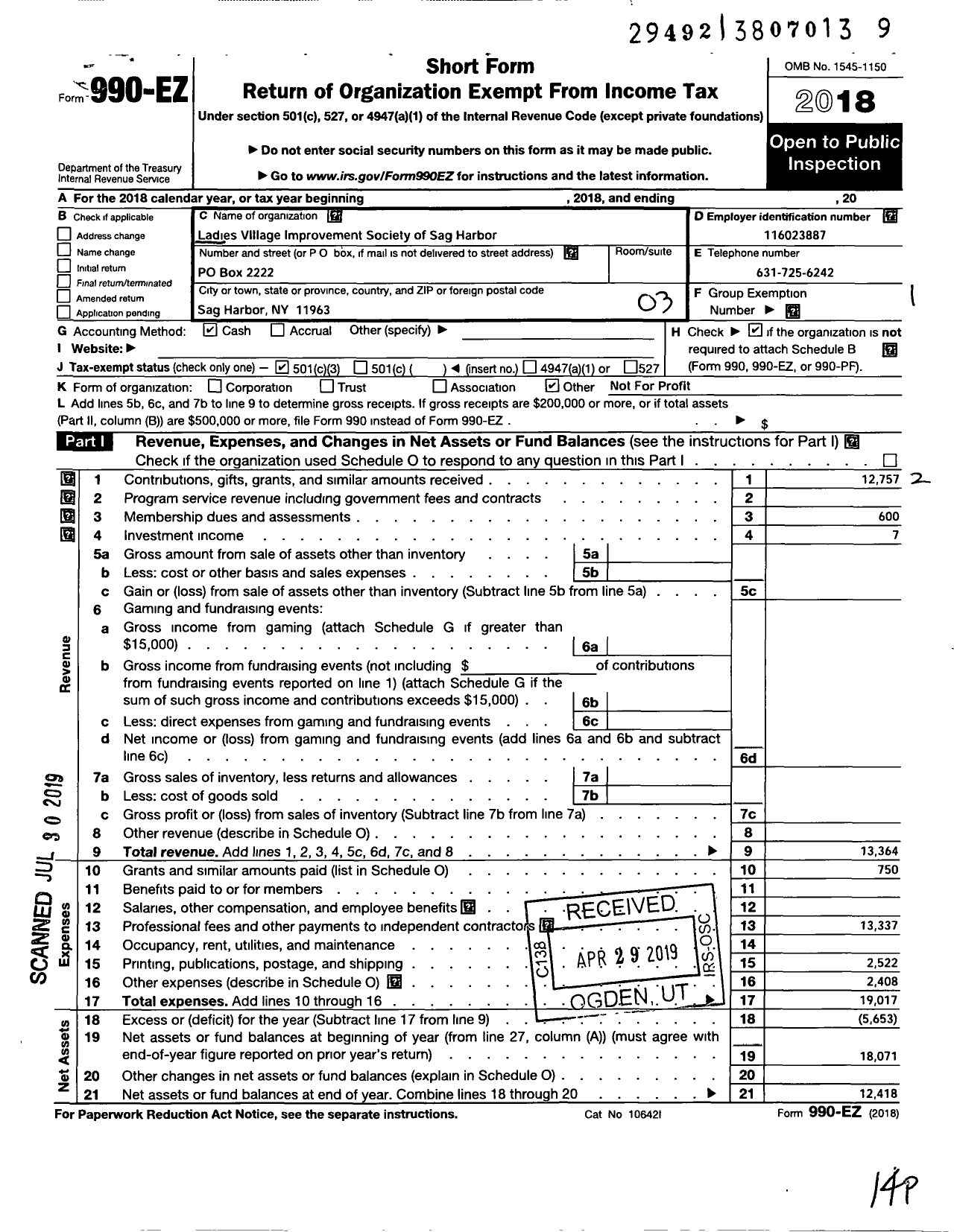 Image of first page of 2018 Form 990EZ for Ladies Village Improvement Society of Sag Harbor