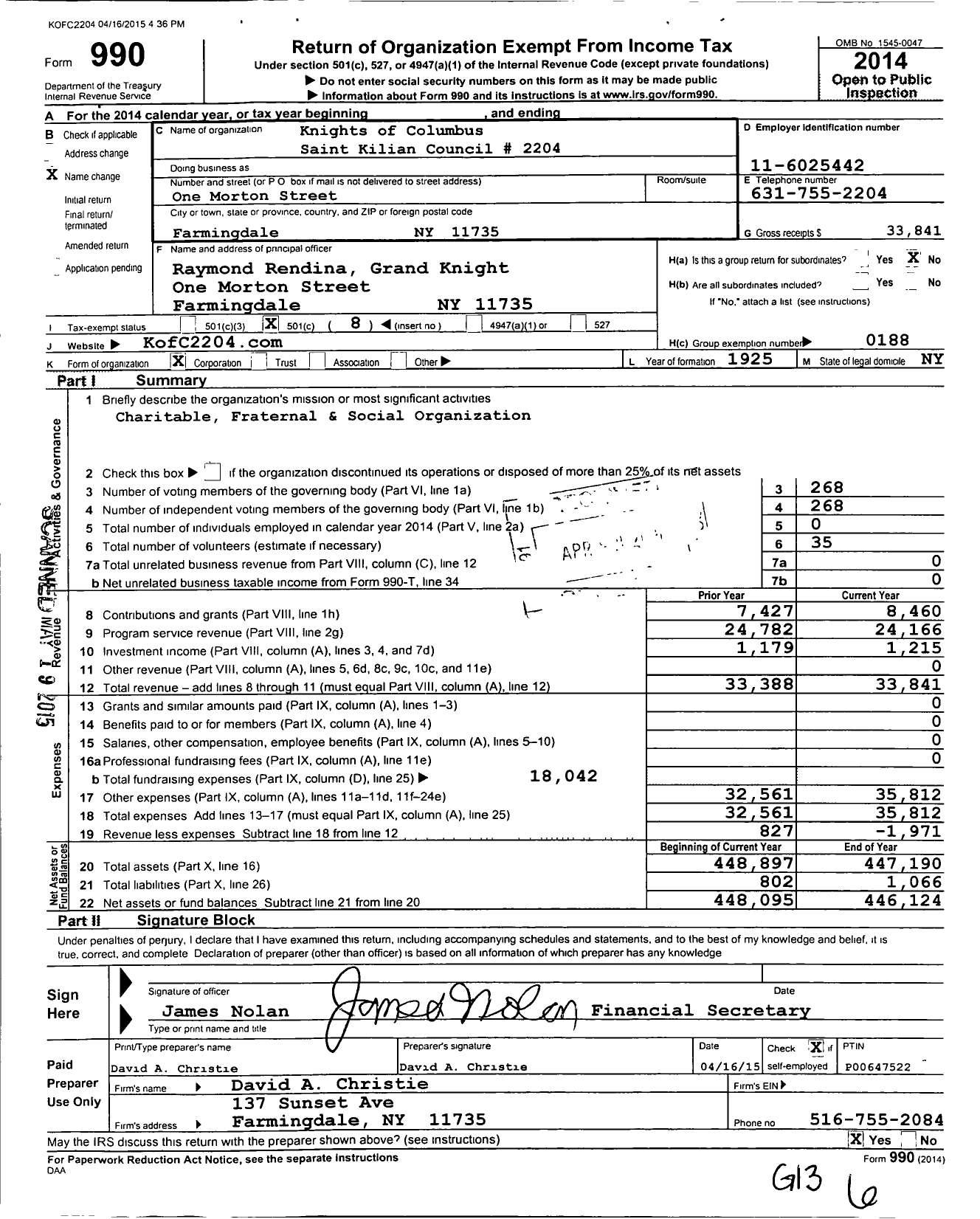 Image of first page of 2014 Form 990O for Knights of Columbus - 2204 Saint Killian Council