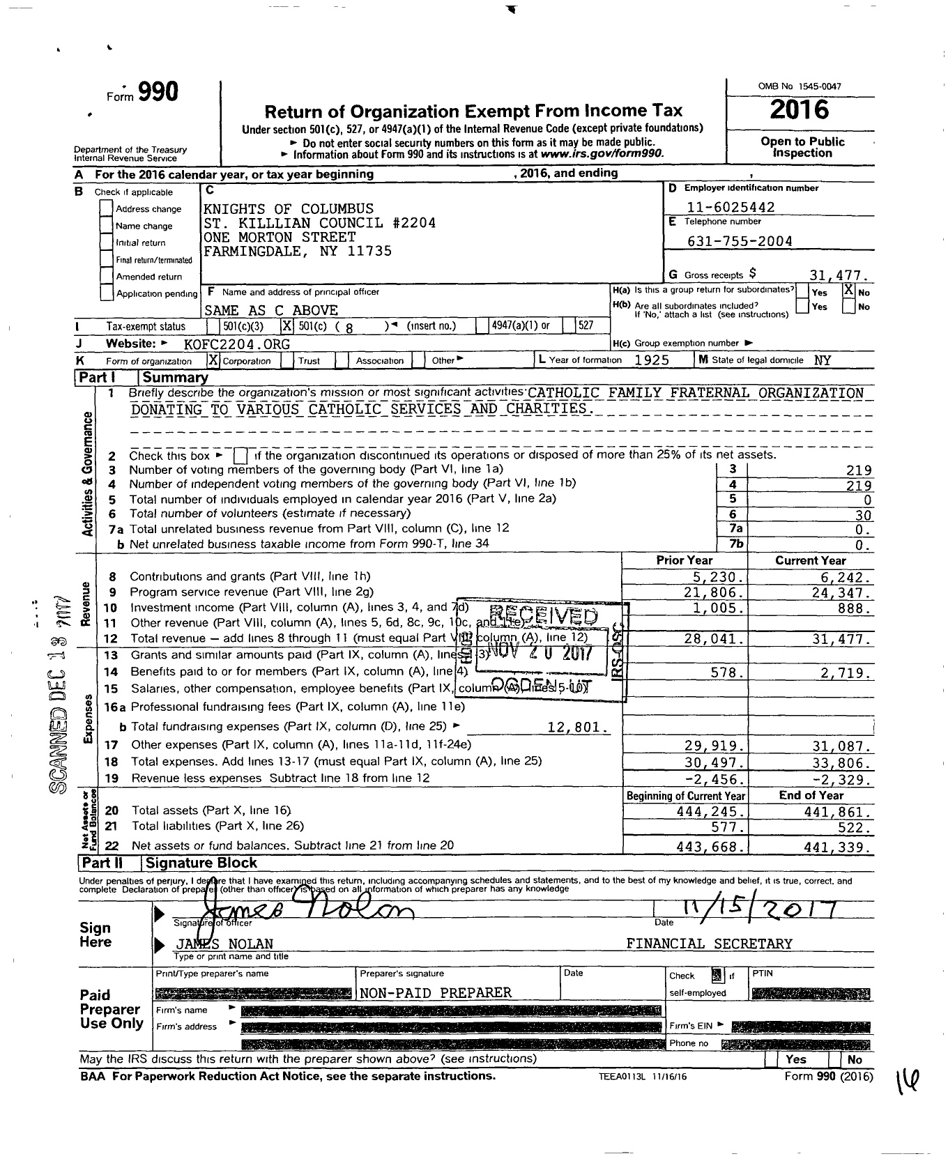 Image of first page of 2016 Form 990O for Knights of Columbus - 2204 Saint Killian Council