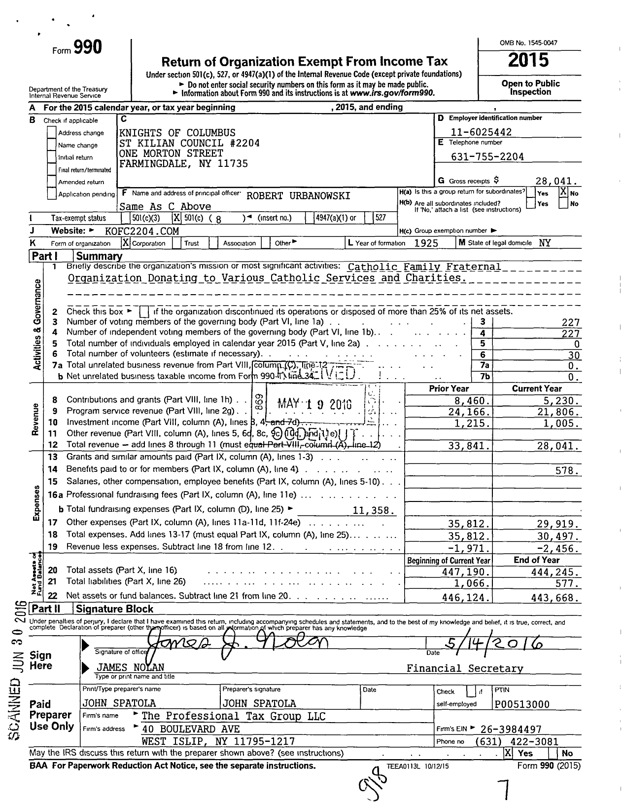 Image of first page of 2015 Form 990O for Knights of Columbus - 2204 Saint Killian Council