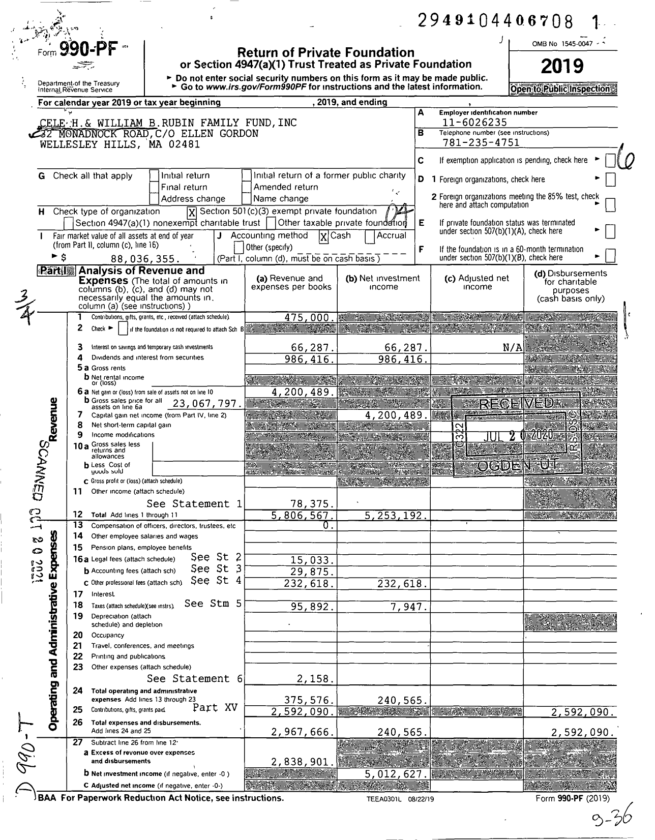 Image of first page of 2019 Form 990PF for Cele H and William B Rubin Family Fund