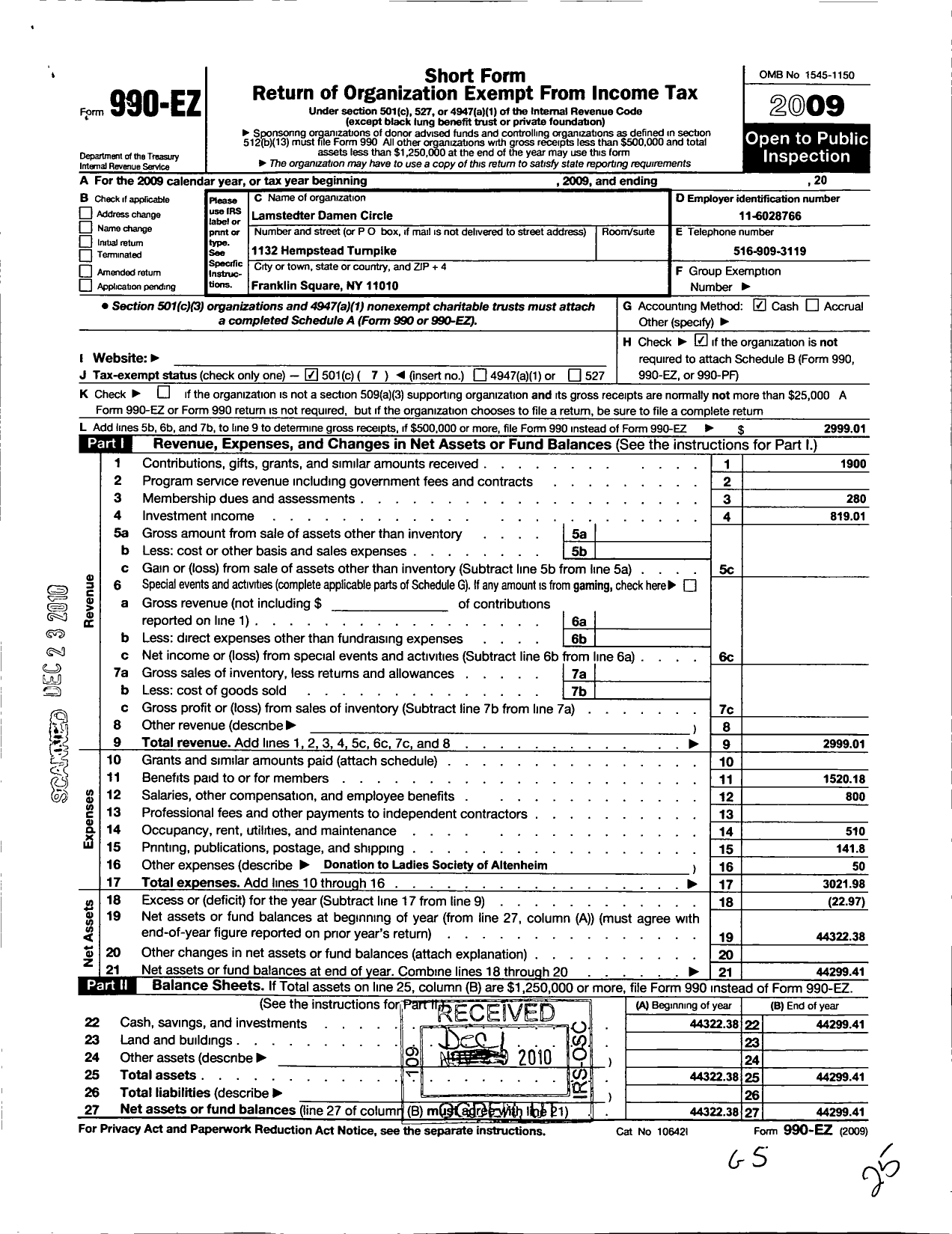 Image of first page of 2009 Form 990EO for Lamstedter Damen Circle