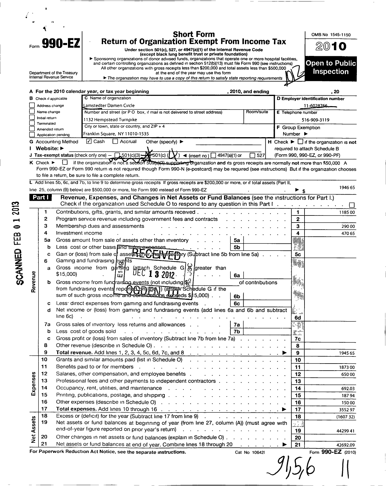 Image of first page of 2010 Form 990EO for Lamstedter Damen Circle