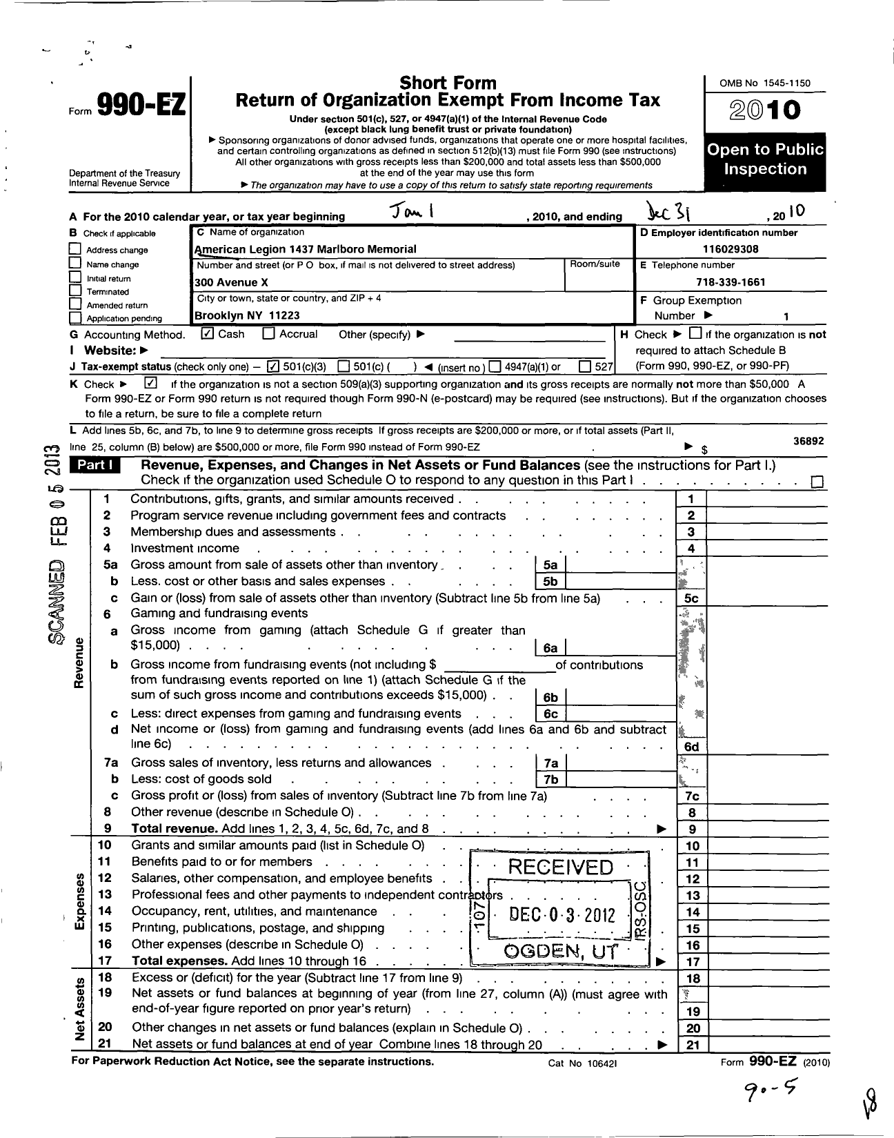 Image of first page of 2010 Form 990EZ for American Legion - 1437 Marlboro Memorial